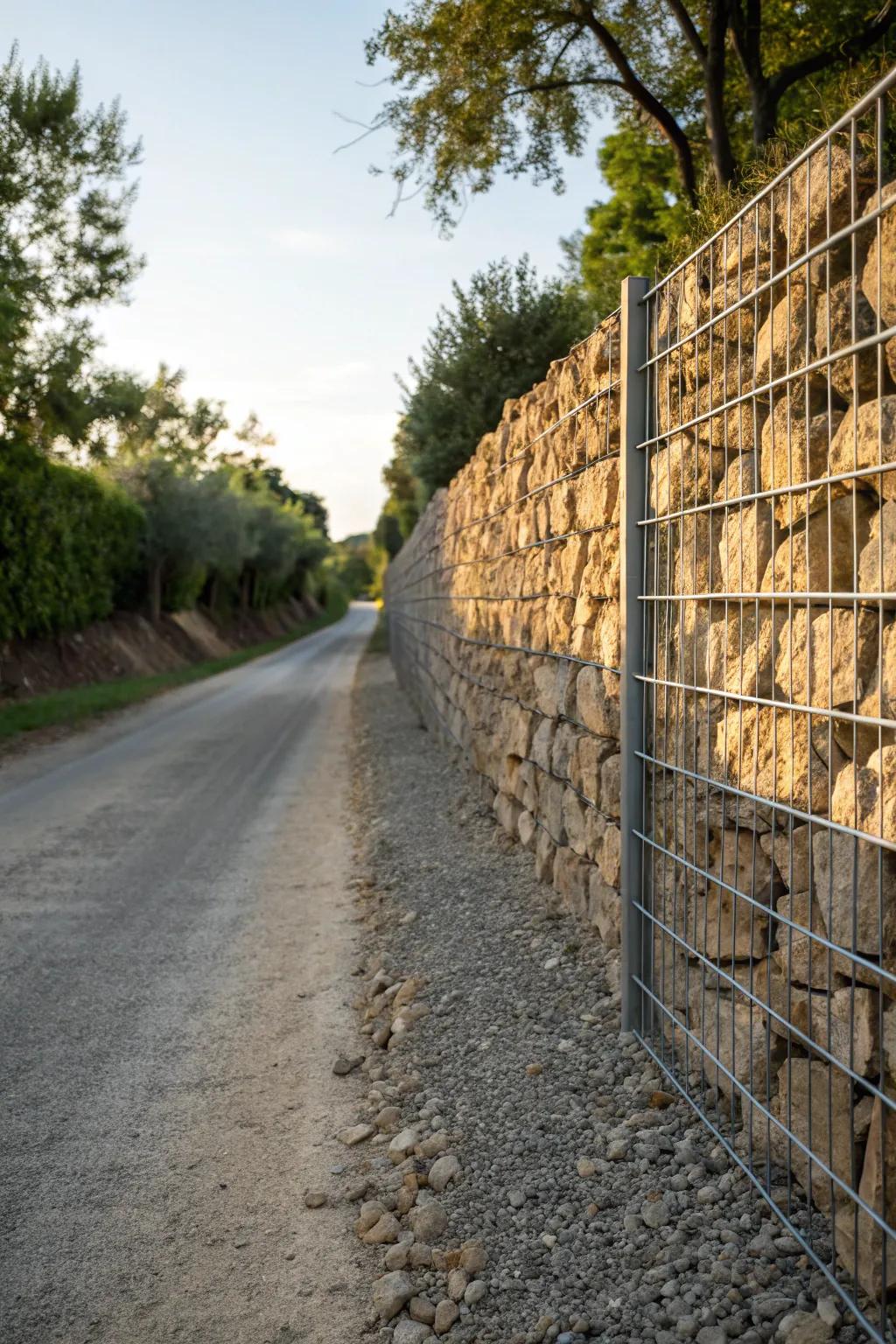 A countryside lattice framework with rocks and metal provides an industrial edge to the driveway.