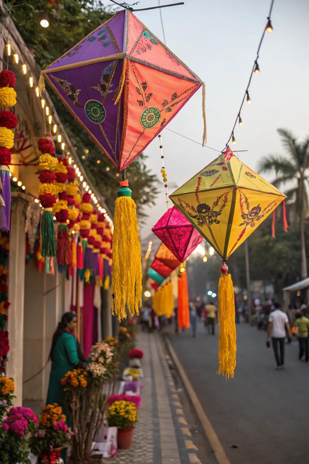 Playful and colorful kites injecting a cheerful element into the Ganesh Chaturthi decor.