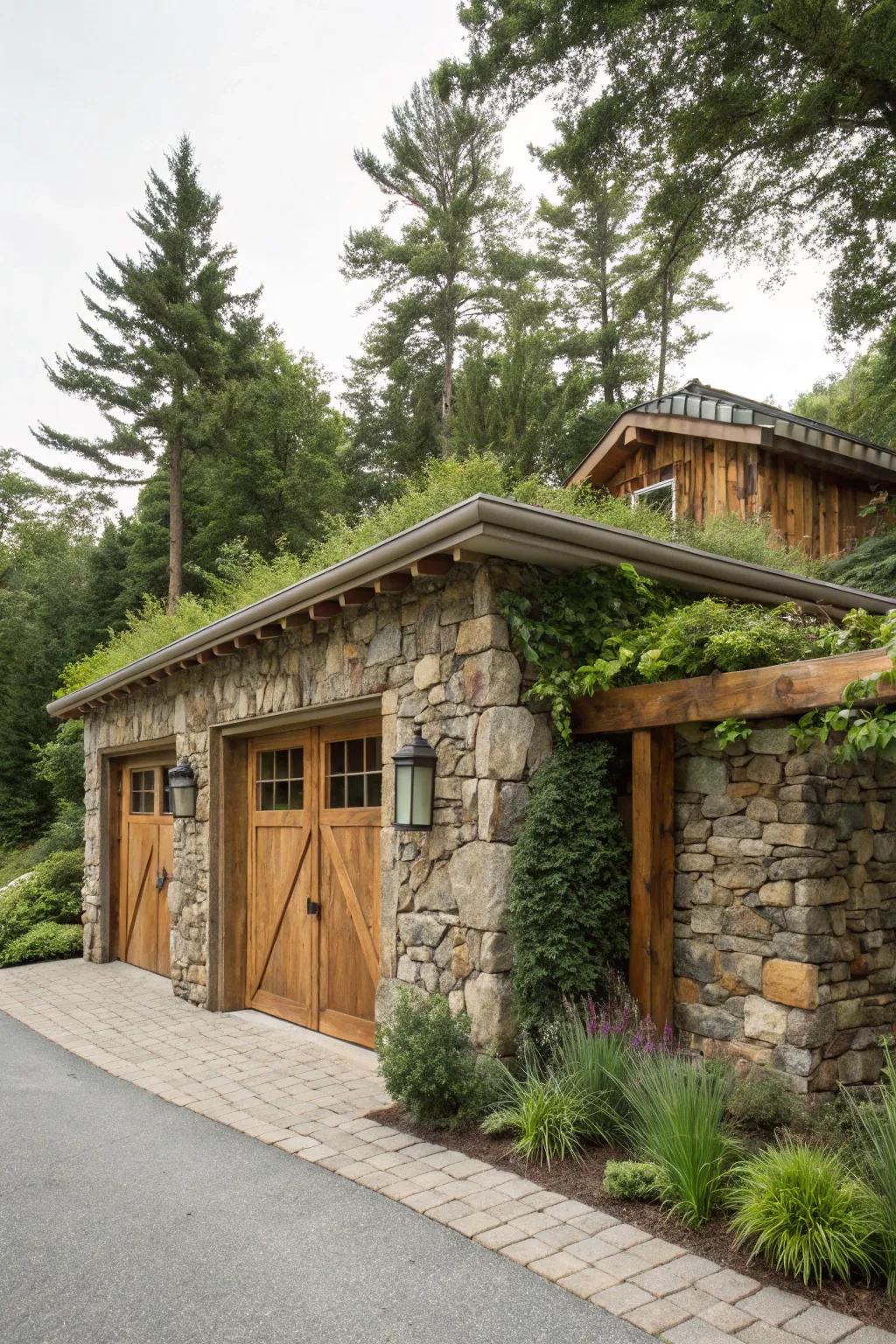 A garage harmonizing seamlessly with nature by employing stone and wood.