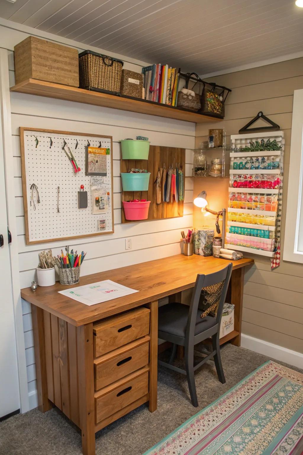 A crafting corner introduces a creative facet to your mudroom area.