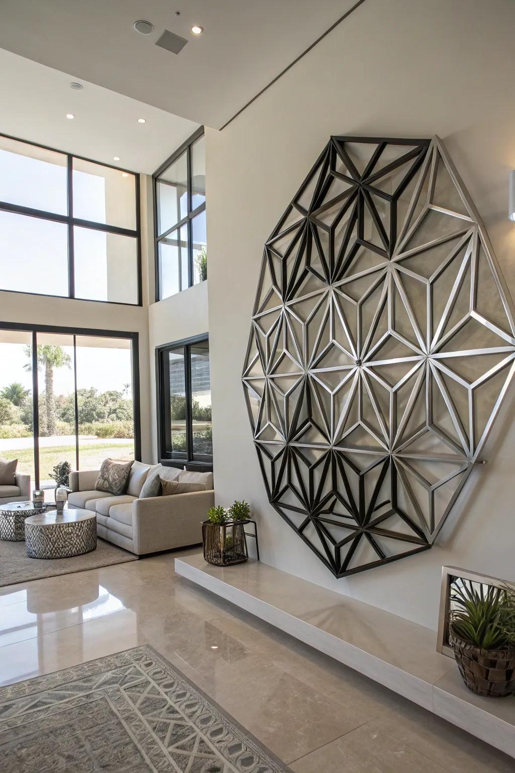 A bold, architectural statement is made with geometric wall sculptures.