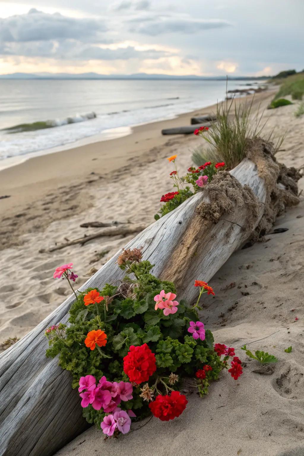 A coastal-inspired display of geraniums artfully arranged around driftwood.