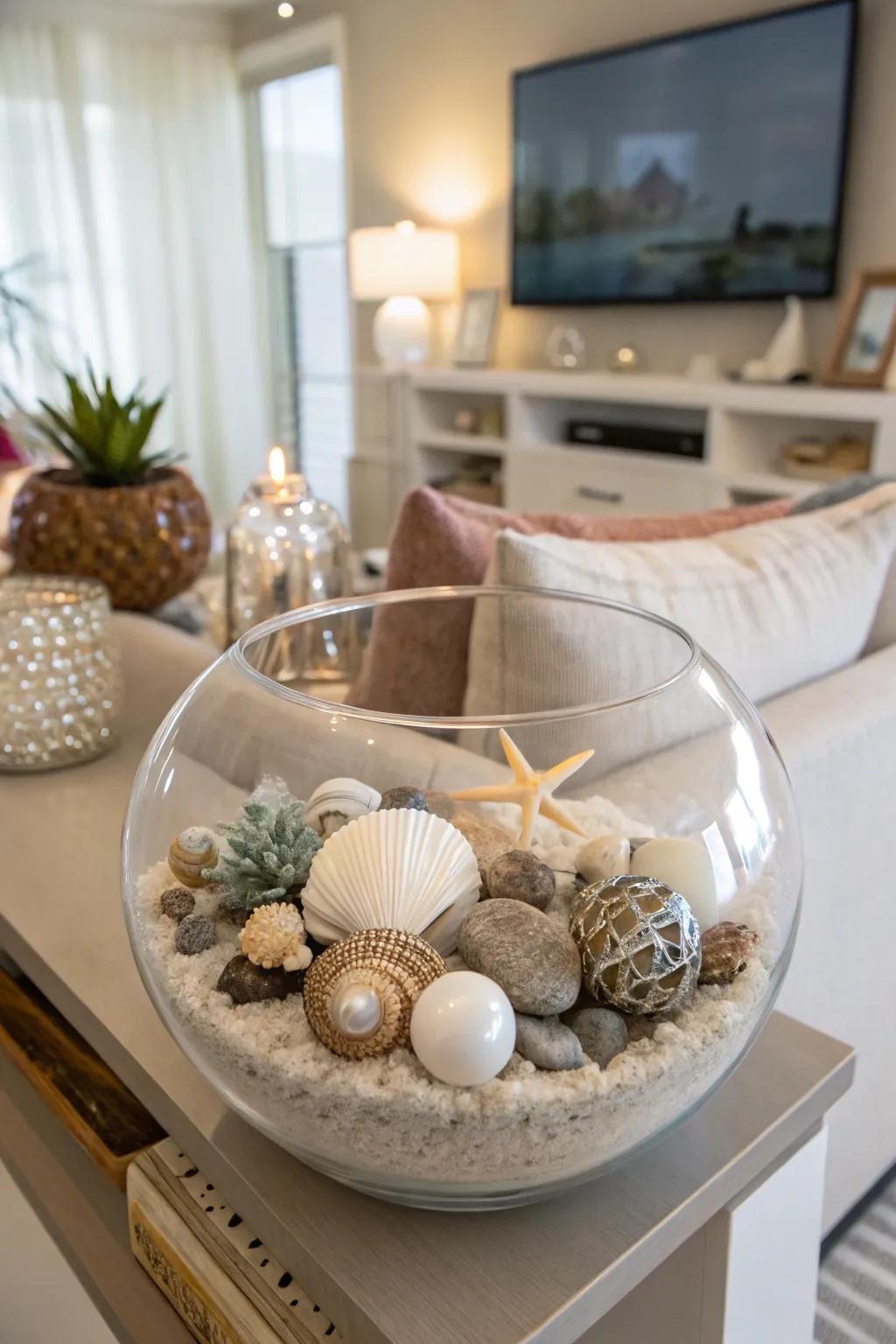 Eclectic elegance through a combination of ornaments inside a crystal vessel.