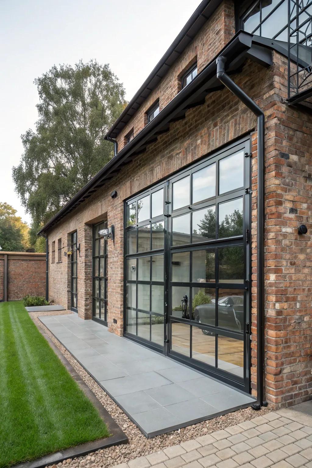 An industrial-style home is elevated by a sophisticated glass garage door.