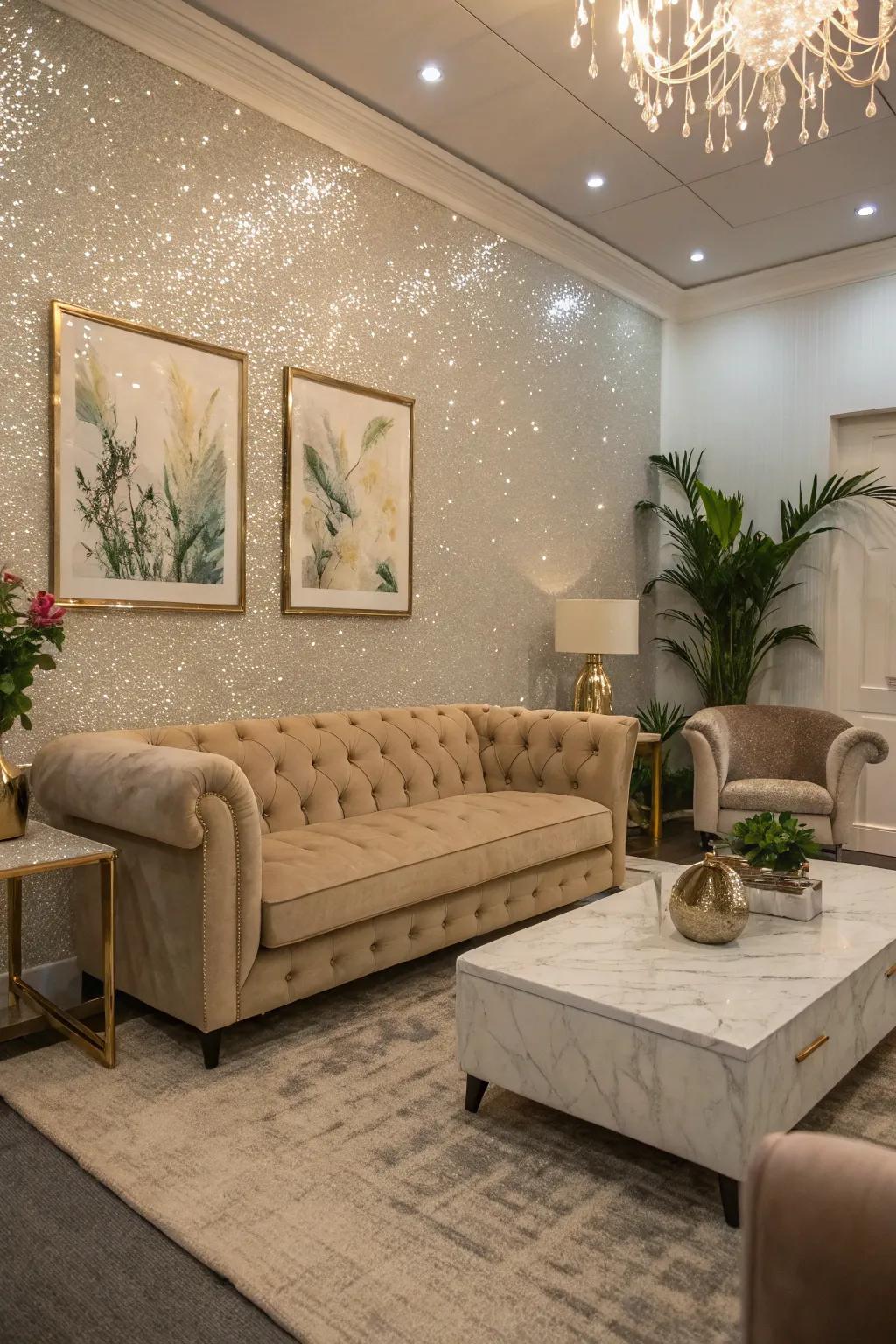 A glitter accent wall introduces subtle elegance.
