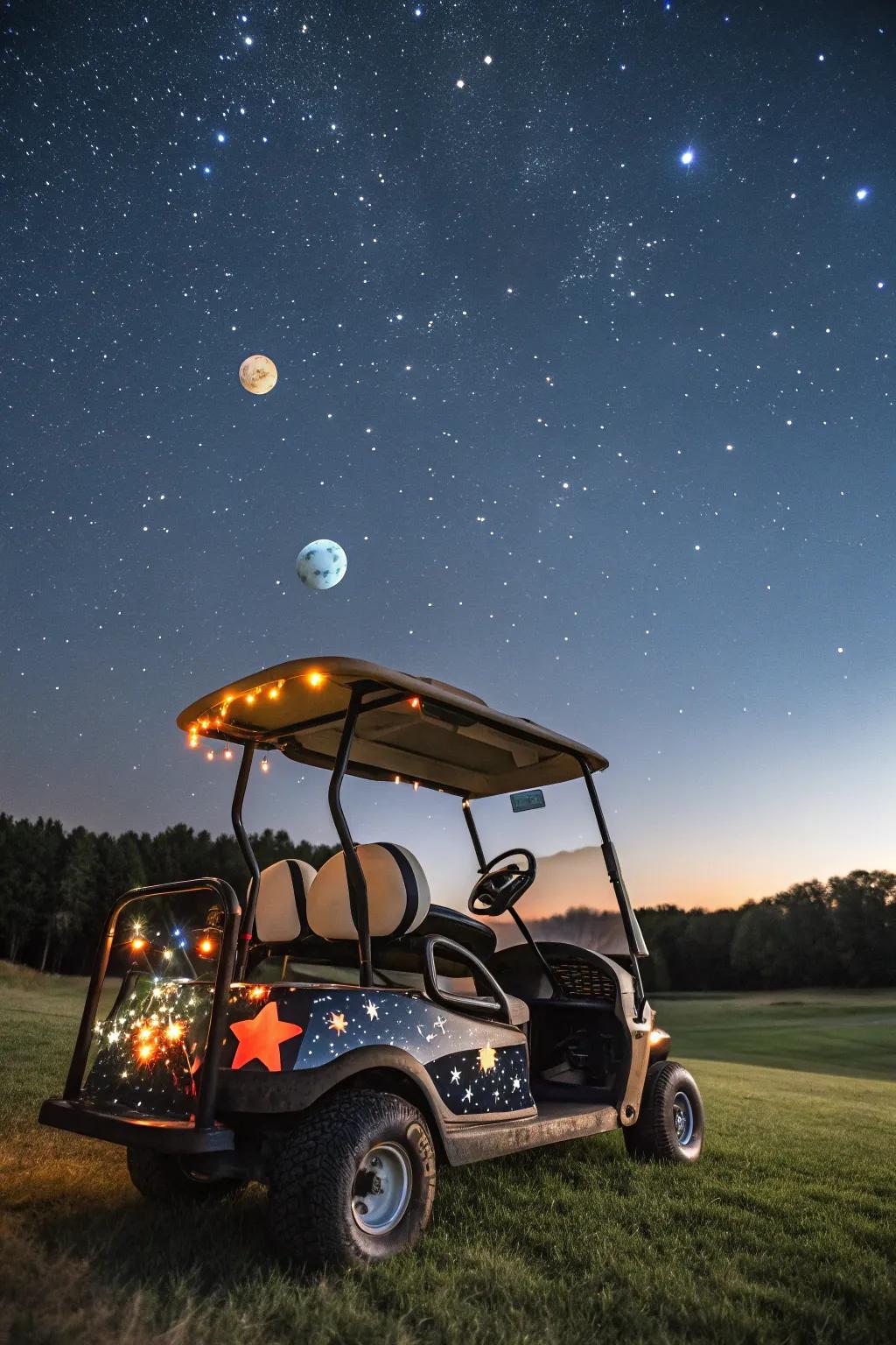 Take your golf cart on a galactic adventure with space-themed decorations.