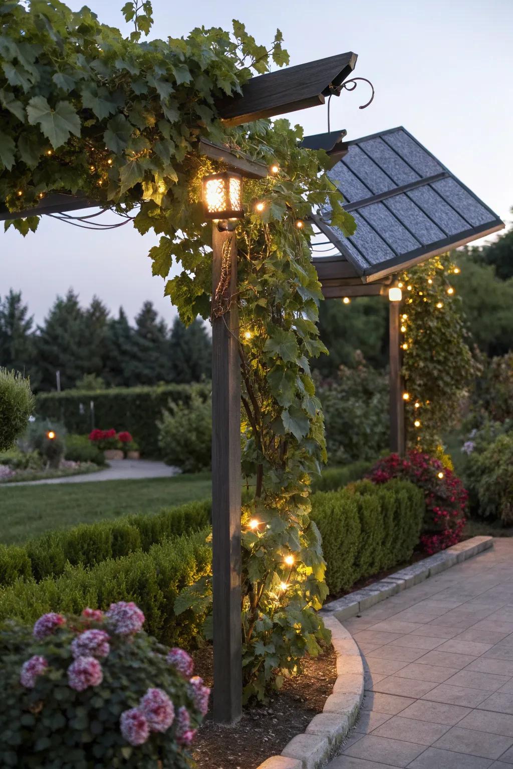 Solar trellises unite technology and nature for an eco-friendly garden solution.