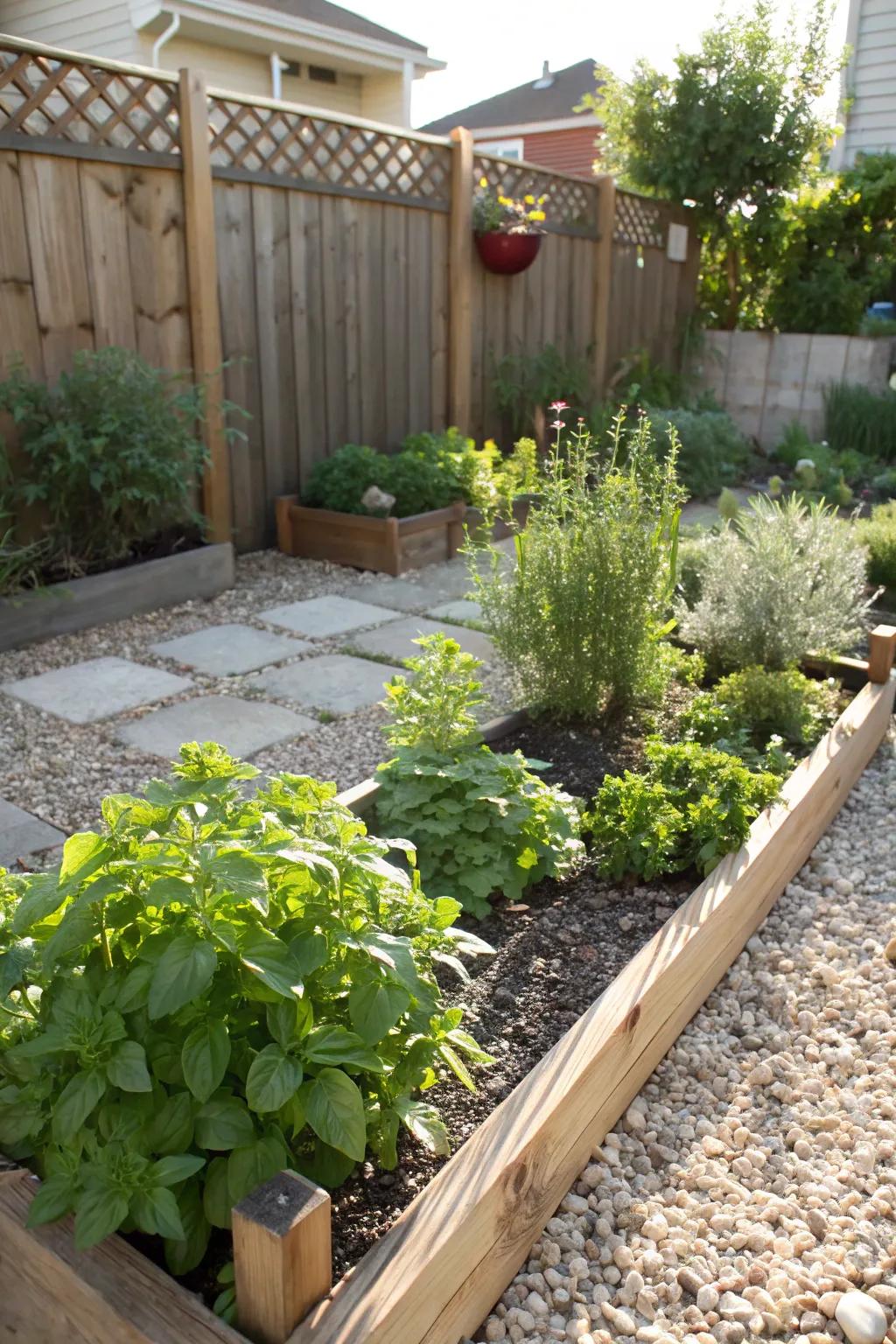 A flourishing herb garden nestled in a bed of chippings.