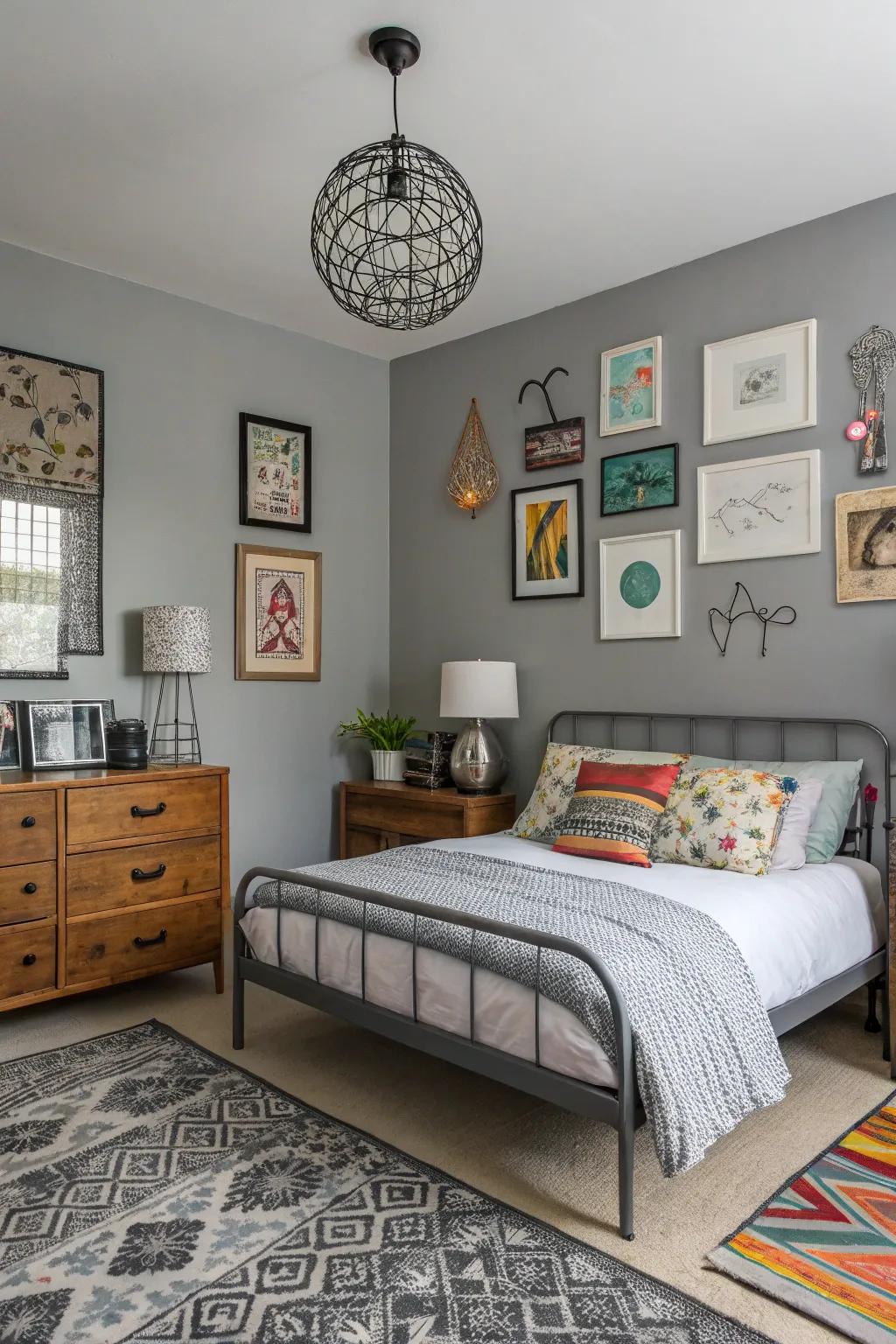 Eclectic decor infusing a gray bedroom with a personal, collected charm.
