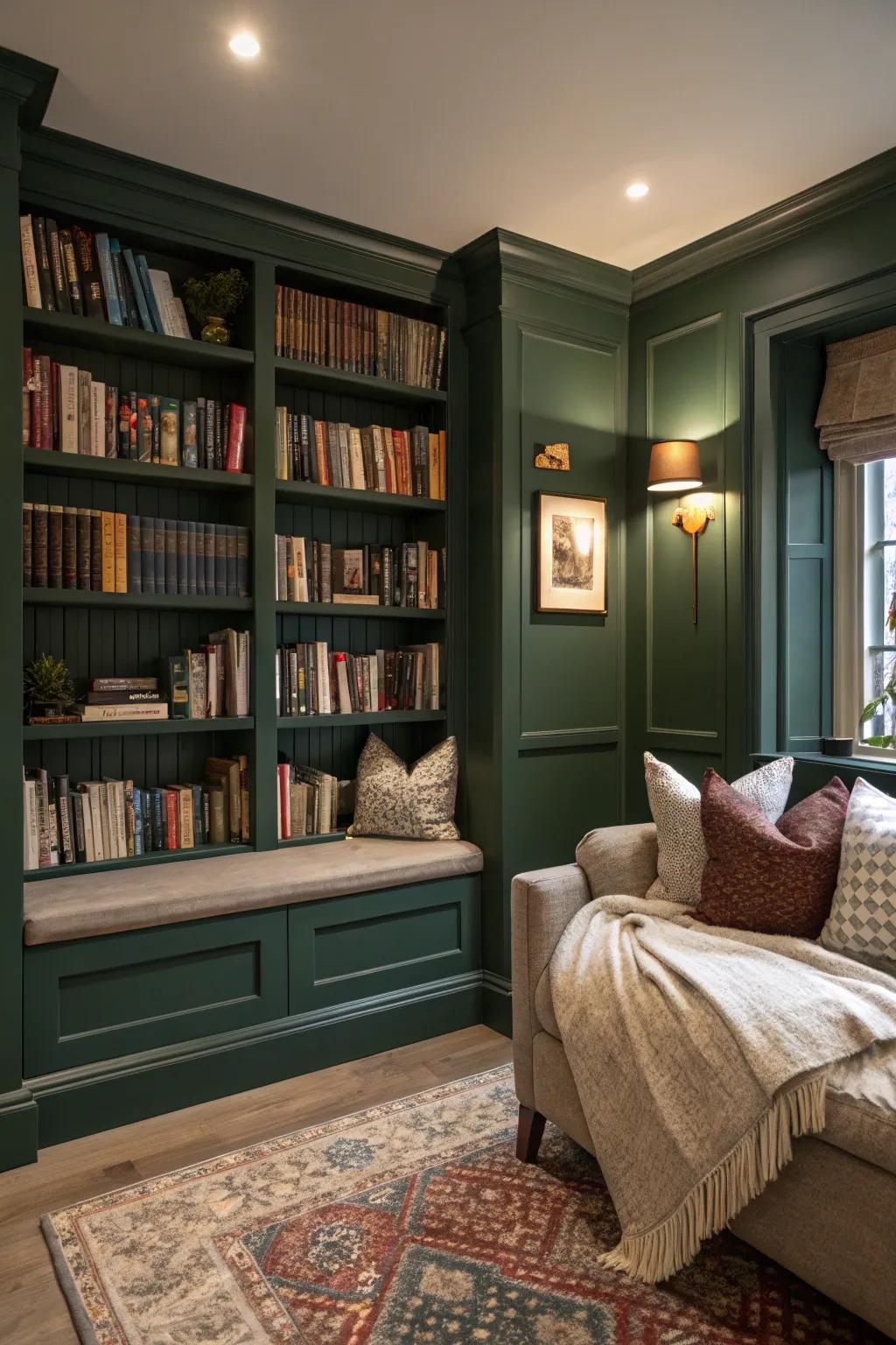 A dark green wall adds sophistication to this home library.