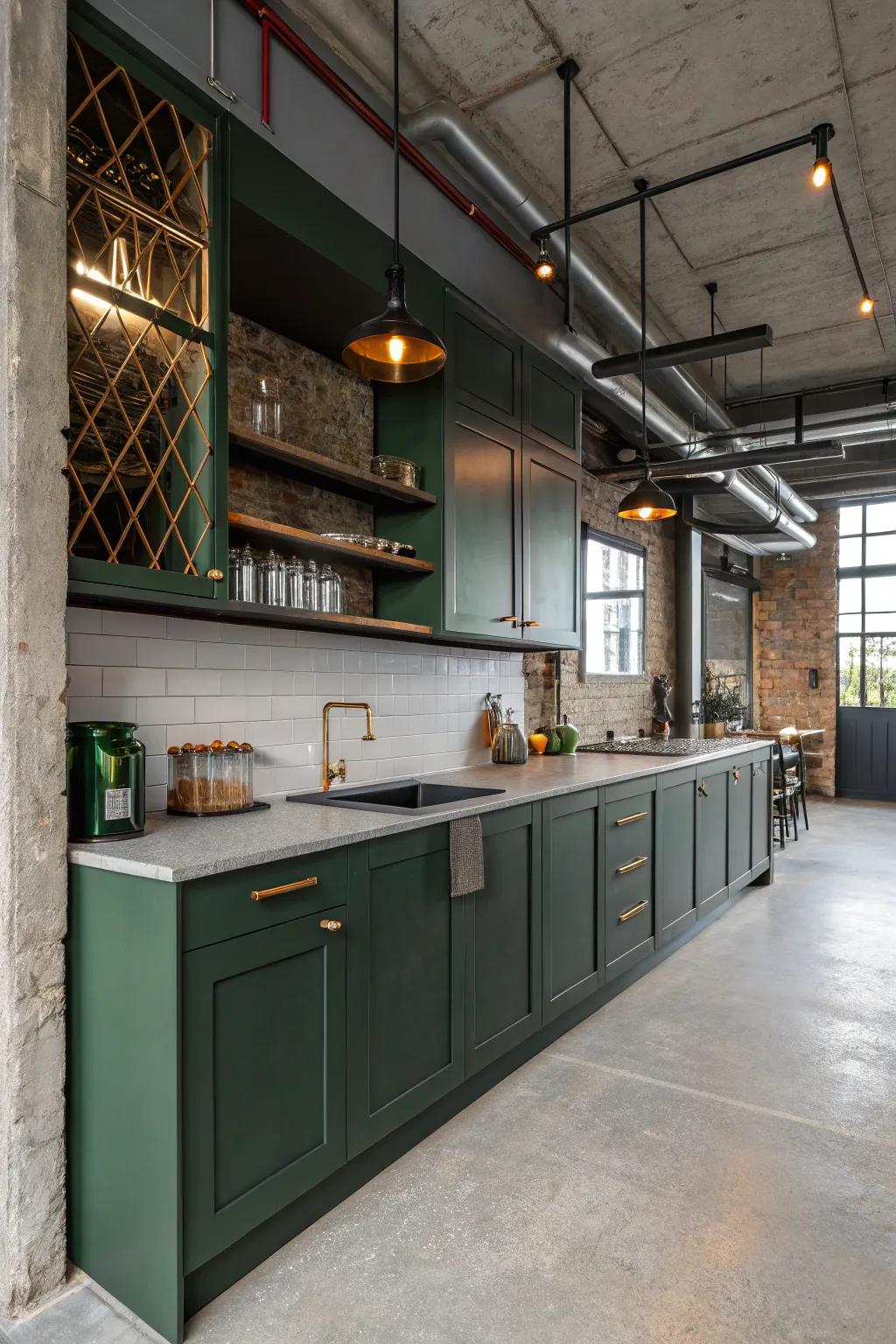 Factory kitchen featuring charcoal green cabinets and edgy metal details.
