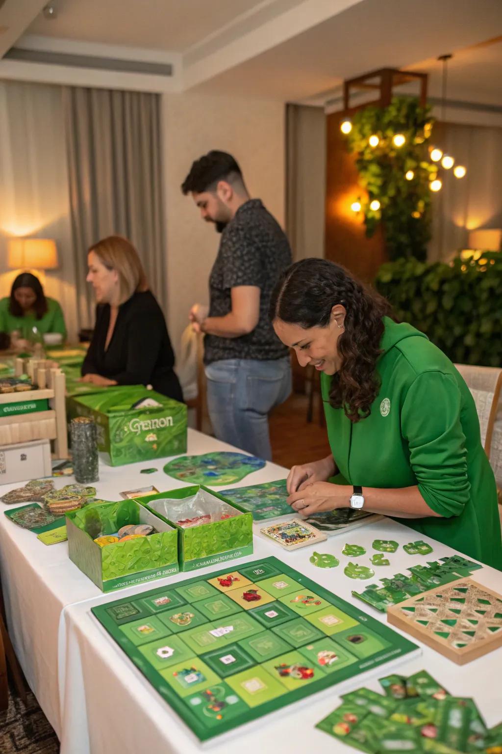 Green-themed table games create an interactive experience.