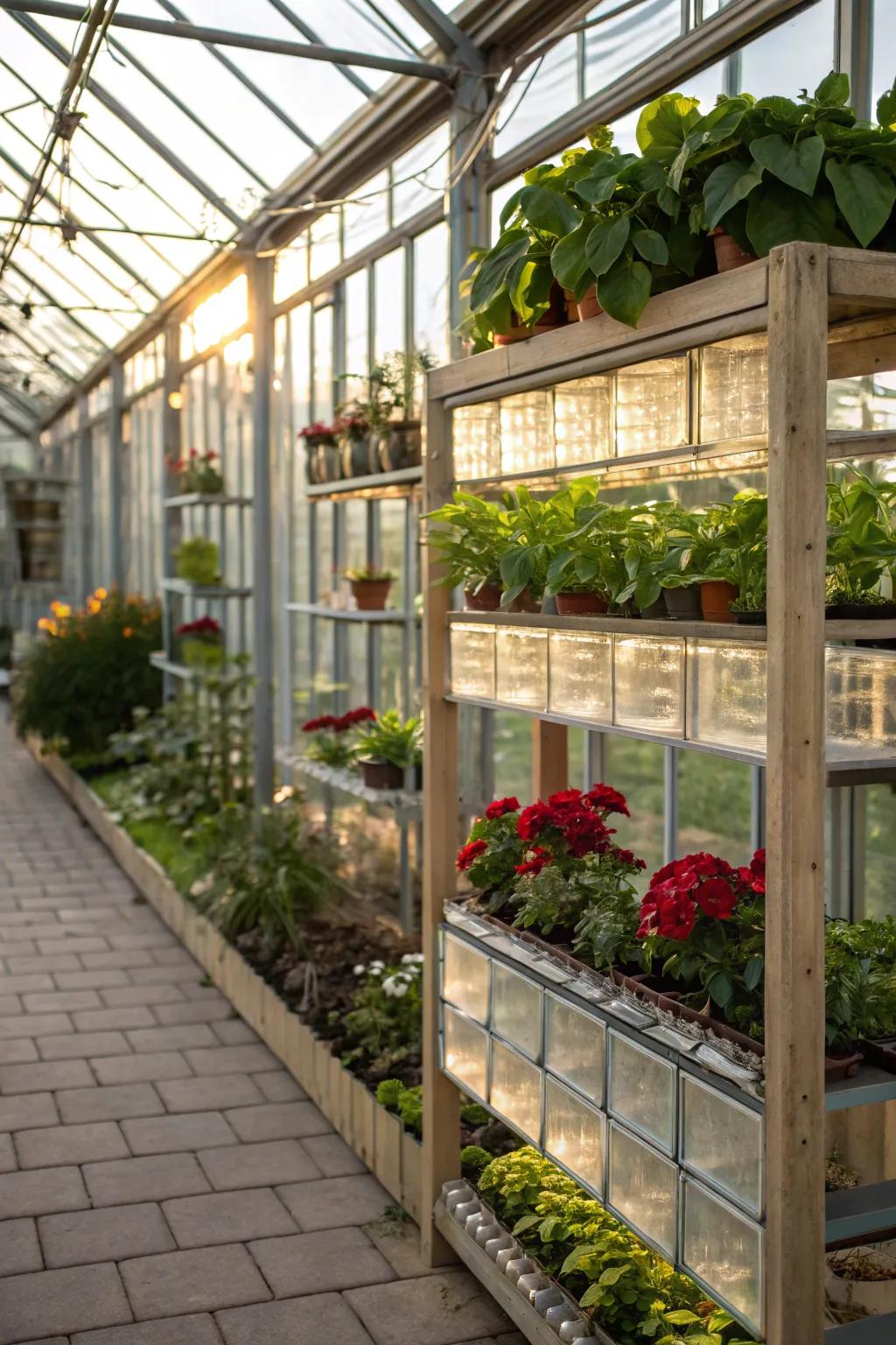 Unique crystal block shelves provide a stunning radiant display.