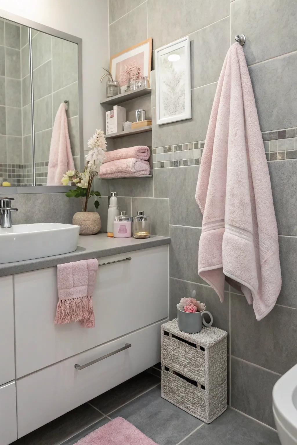 Pastel accents add a soft touch to the grey bathroom.