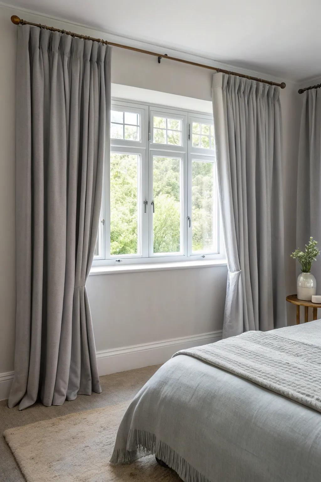 Grey window treatments create a seamless look.