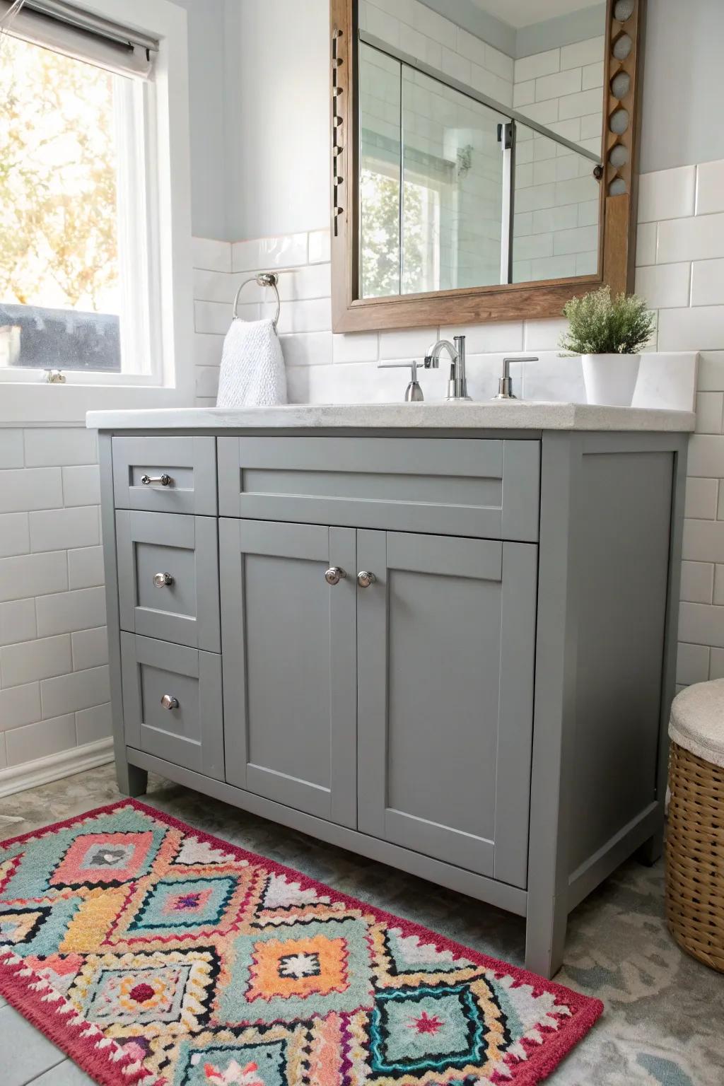 A bright rug introduces warmth and character to the grey vanity restroom.