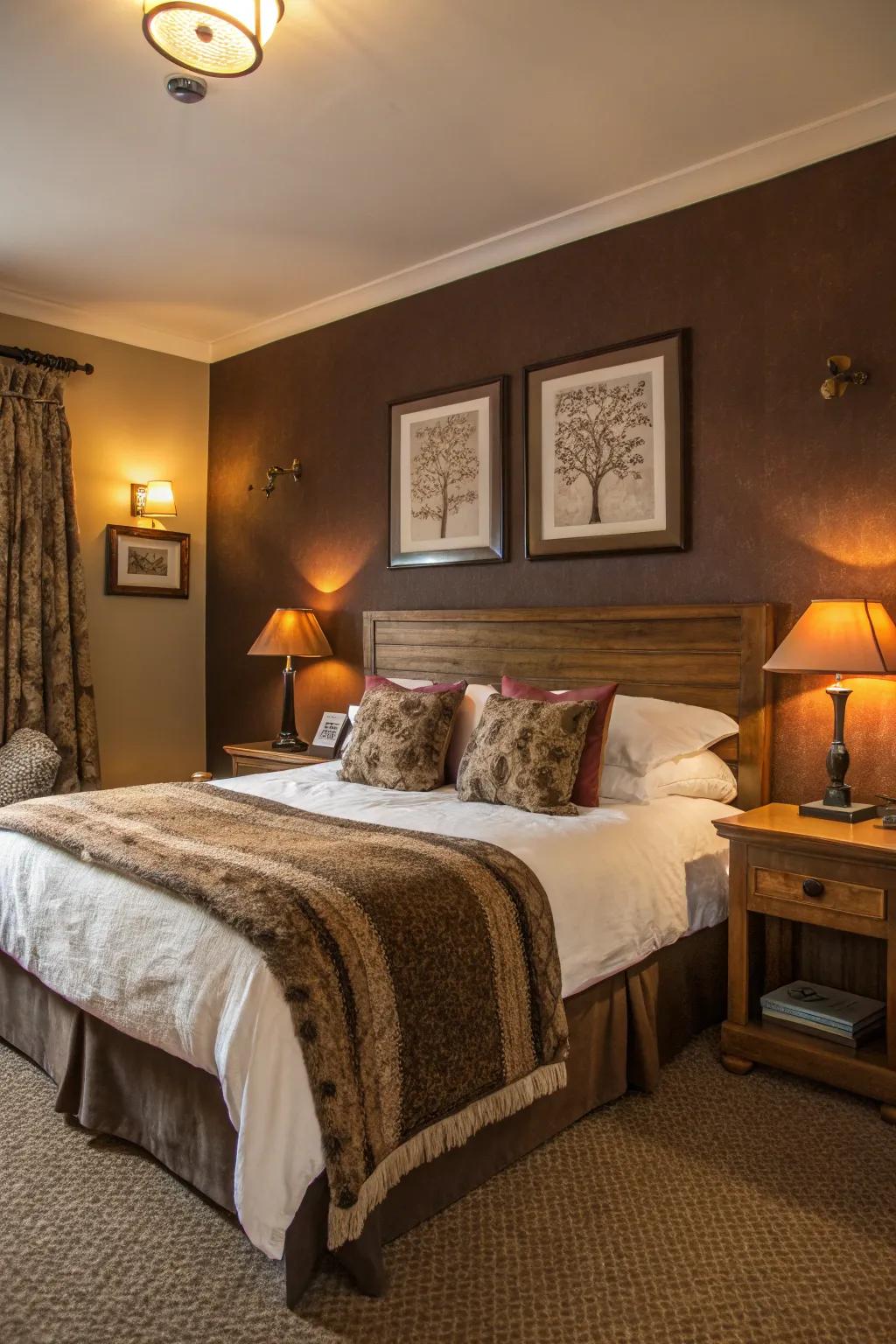 A cozy guest room with warm chocolate brown walls.