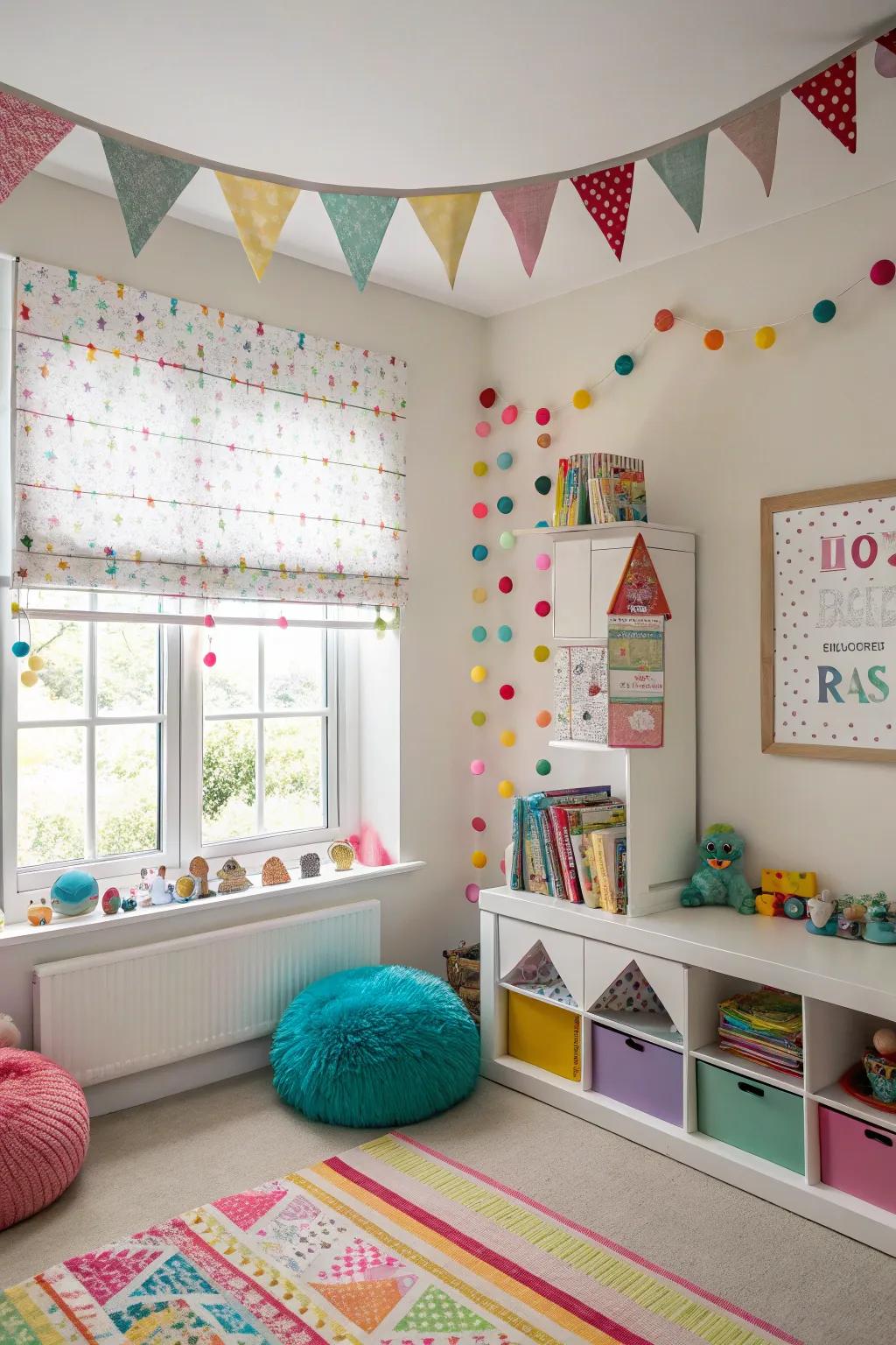 A playful children's room featuring pom-pom accented window coverings.