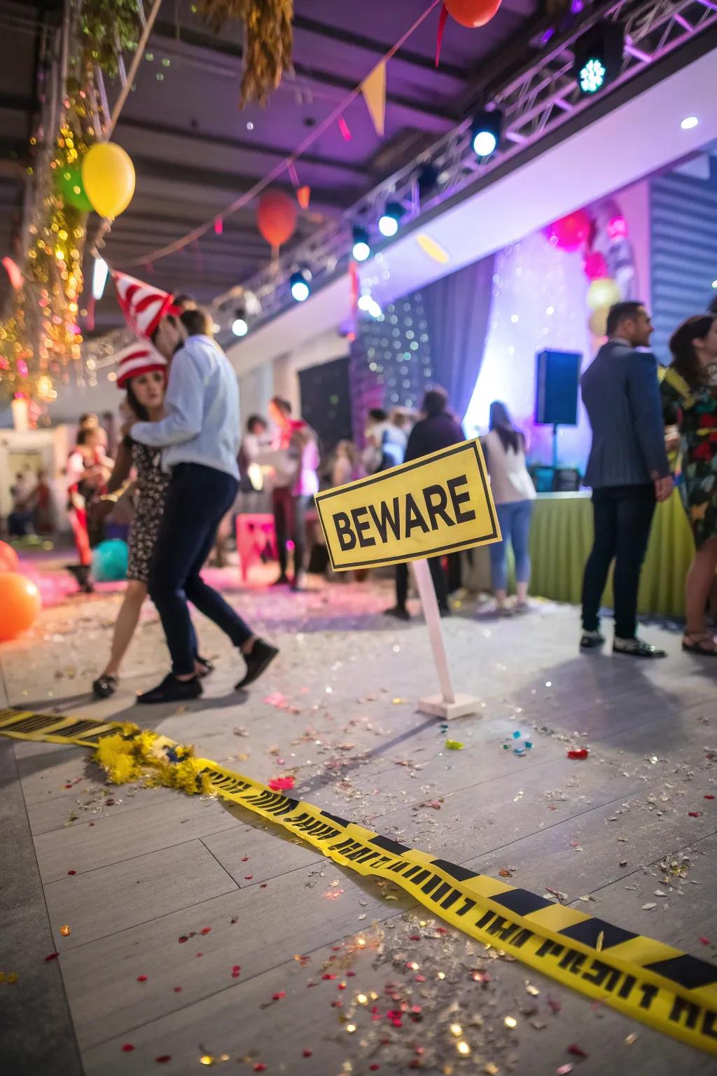 'Beware' signs guide guests through a haunted setup