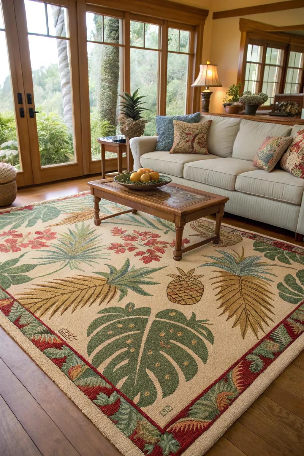 Island-inspired rugs add warmth and cohesion to your decor.