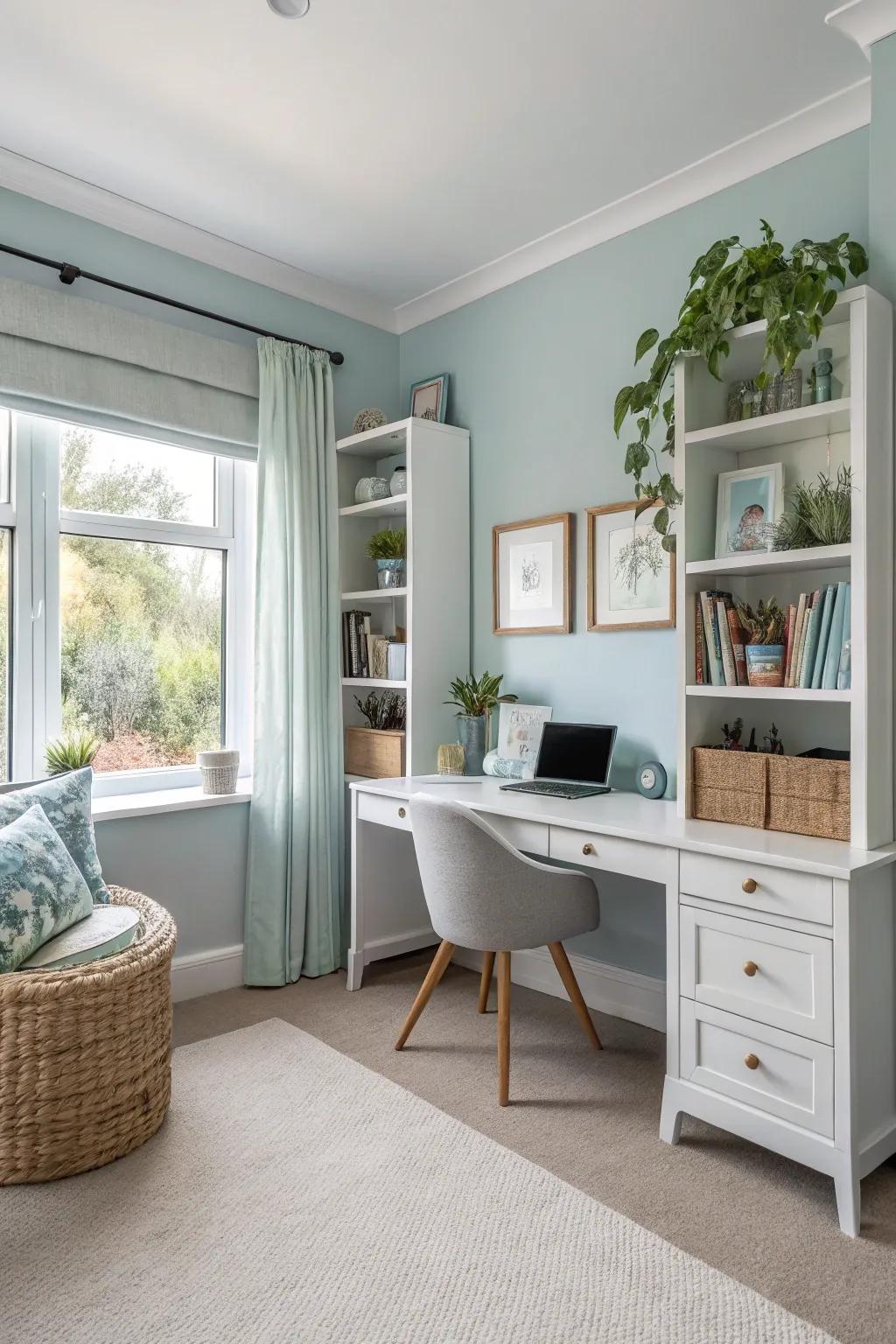 Calming colors create a peaceful and focused workspace.