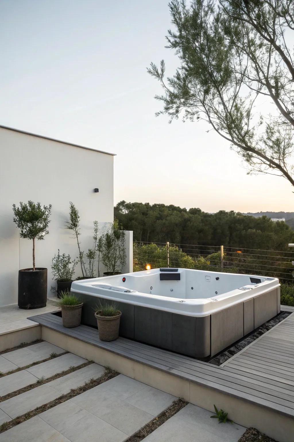 Embrace minimalism for a serene and concentrated hot tub retreat.