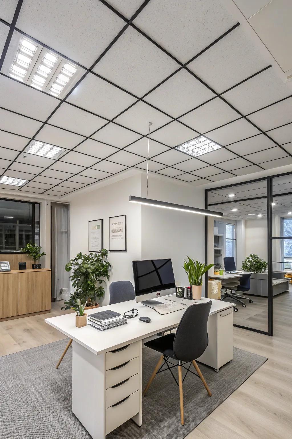 A contemporary home office featuring suspended roof panels.