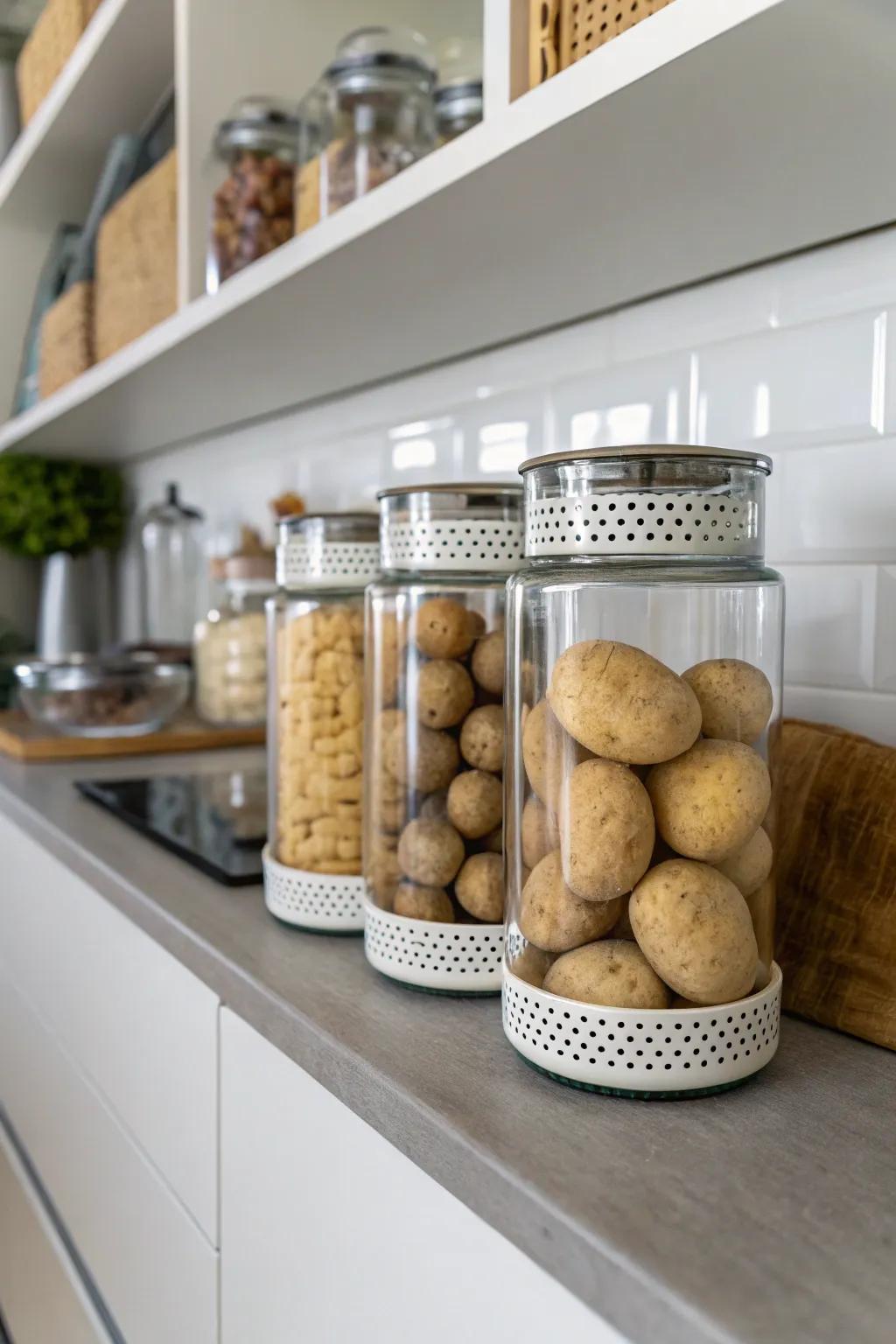 Neat spud arrangement with glass jars.