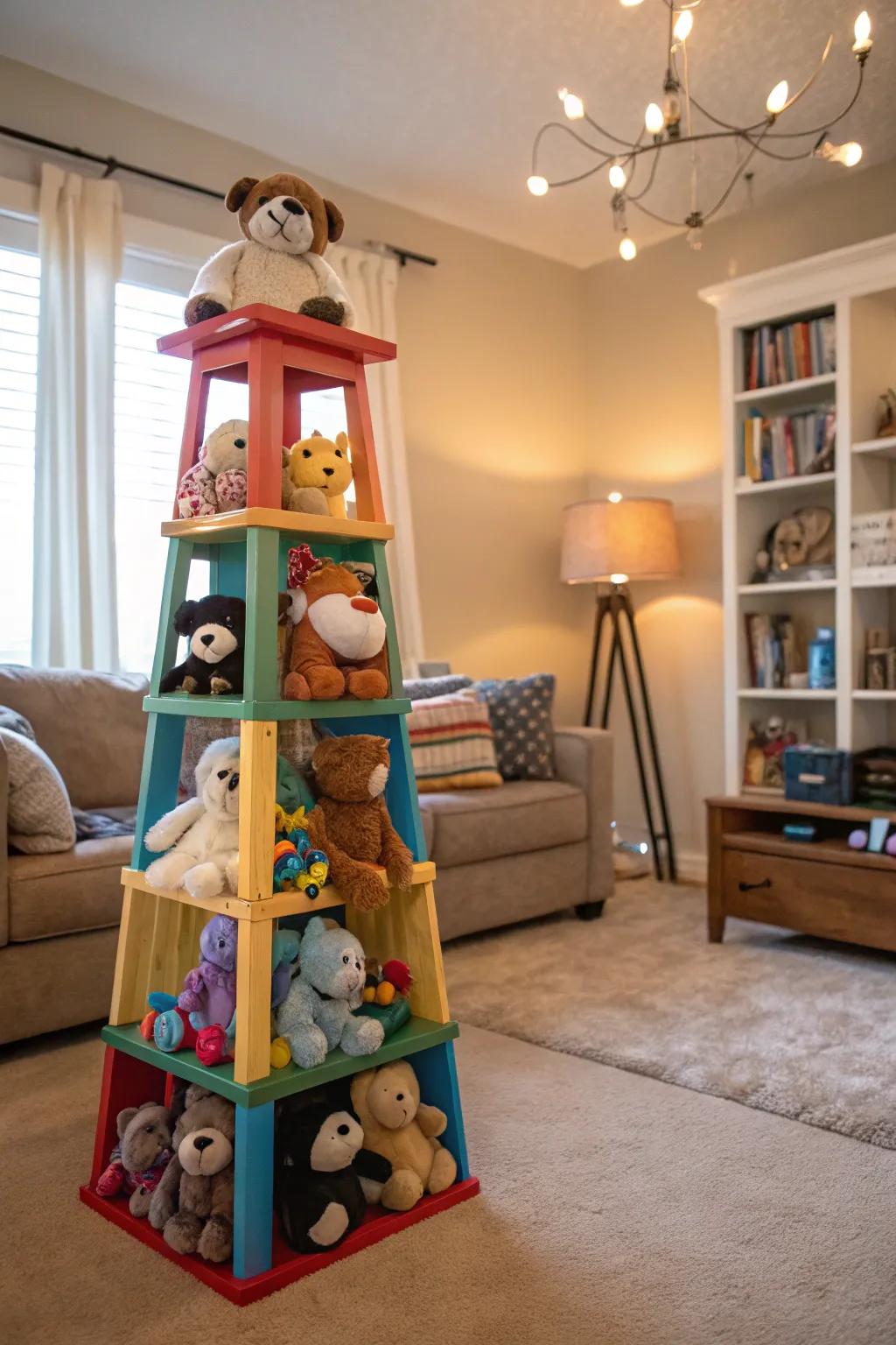 A custom toy tower injects elegance into soft companion storage.