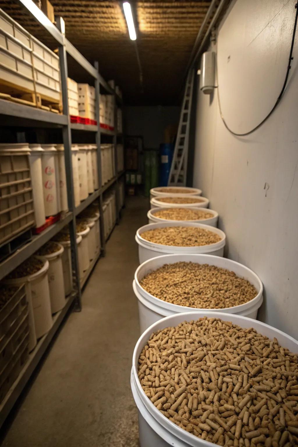 Vertical stockpiling tubs maximize area efficiency for pellet stockpiling in tight areas.