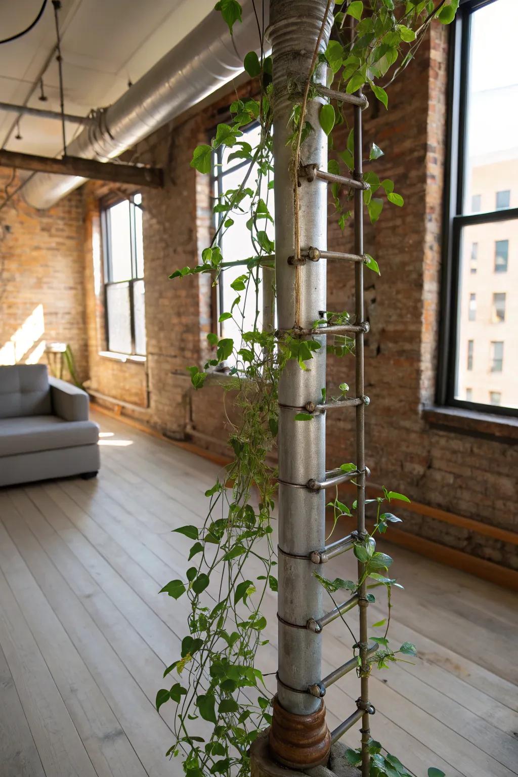 A loft-style living space showcases a Sweetheart plant on an industrial line trellis.