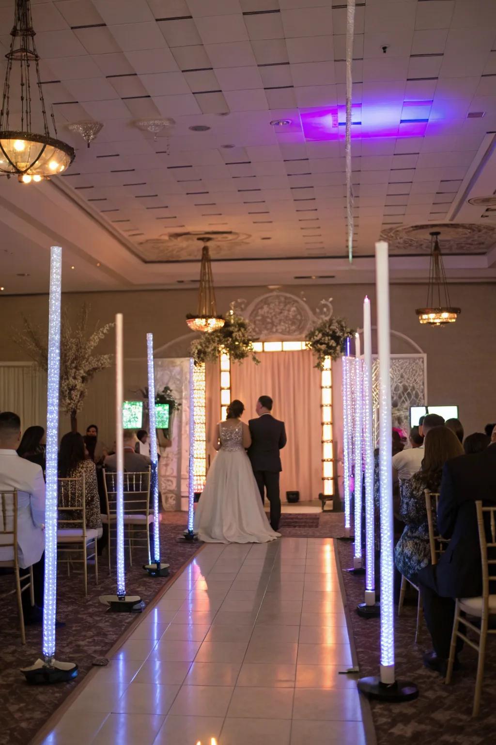 LED light tubes adding a contemporary and edgy touch to the wedding.