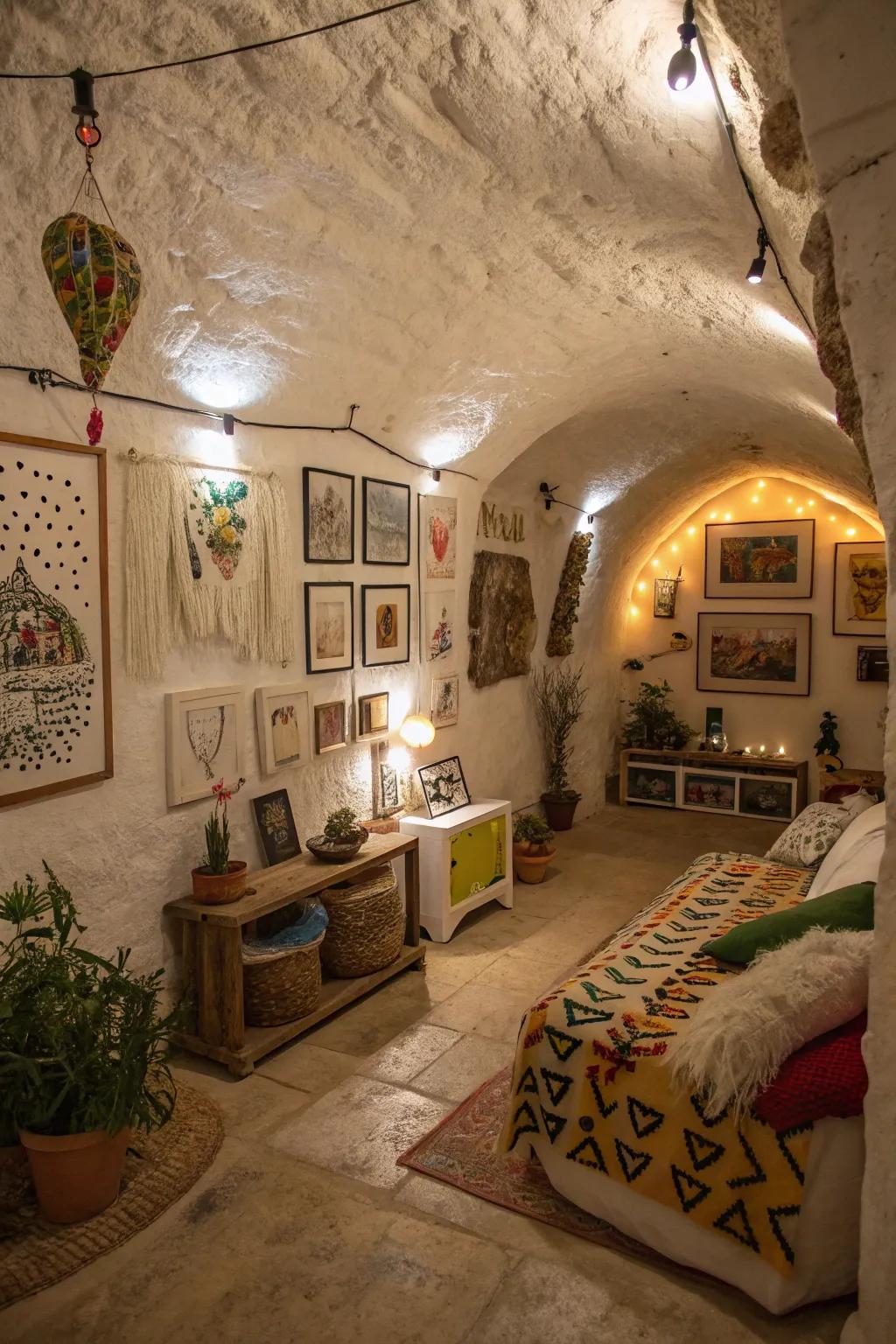 Art exhibits individualize and enrich the persona of earth-sheltered dwellings.