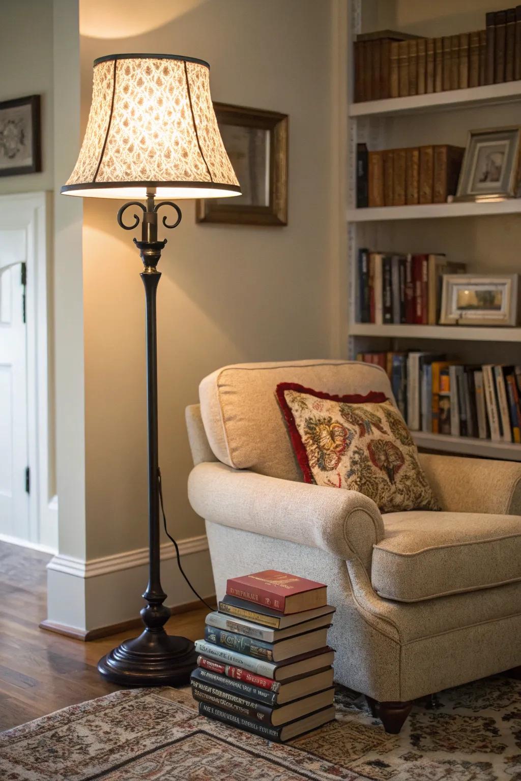 A floor lamp accentuating a cozy reading nook in a living space.