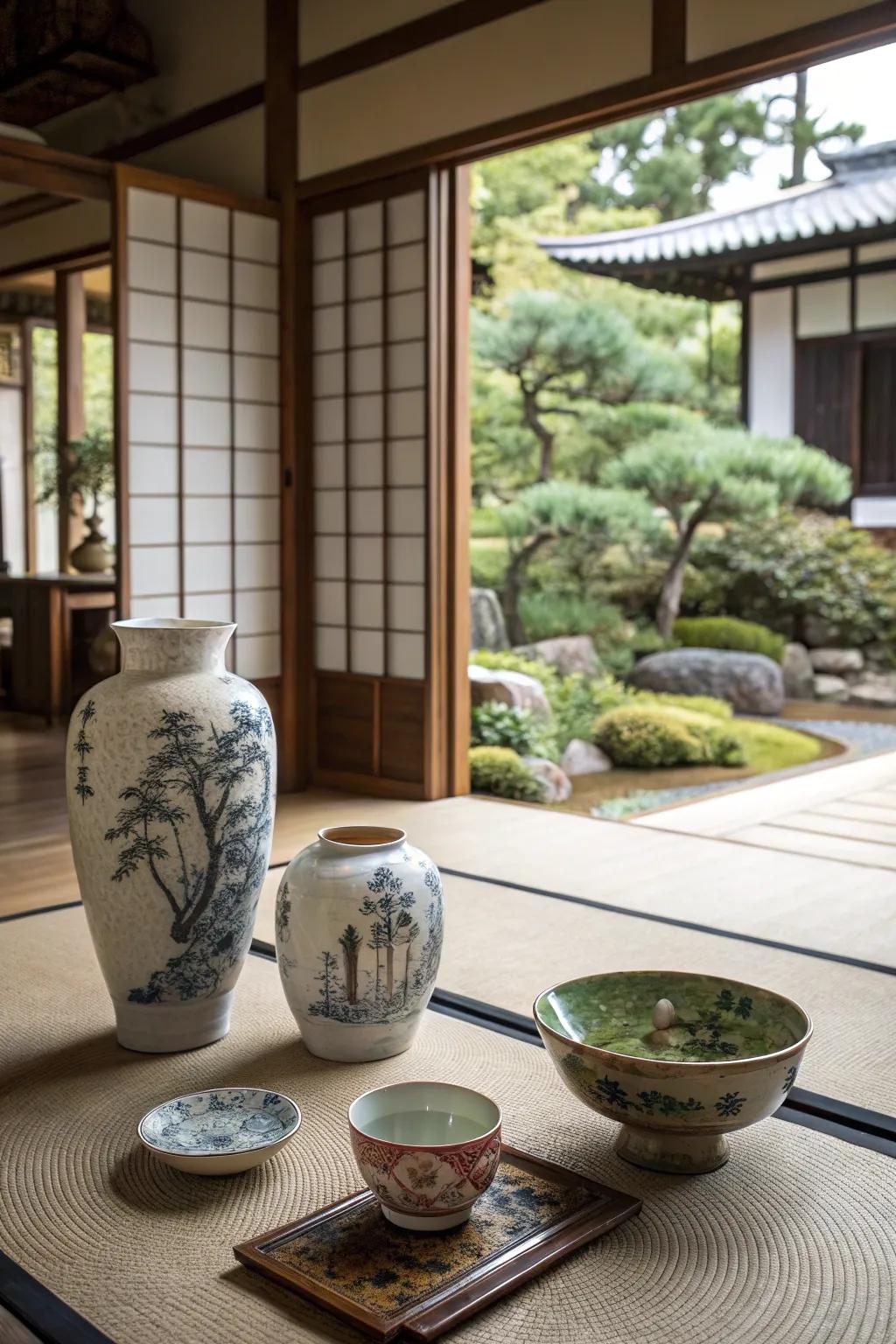 Artisanal ceramic decor adds a tactile and artistic element to this room.
