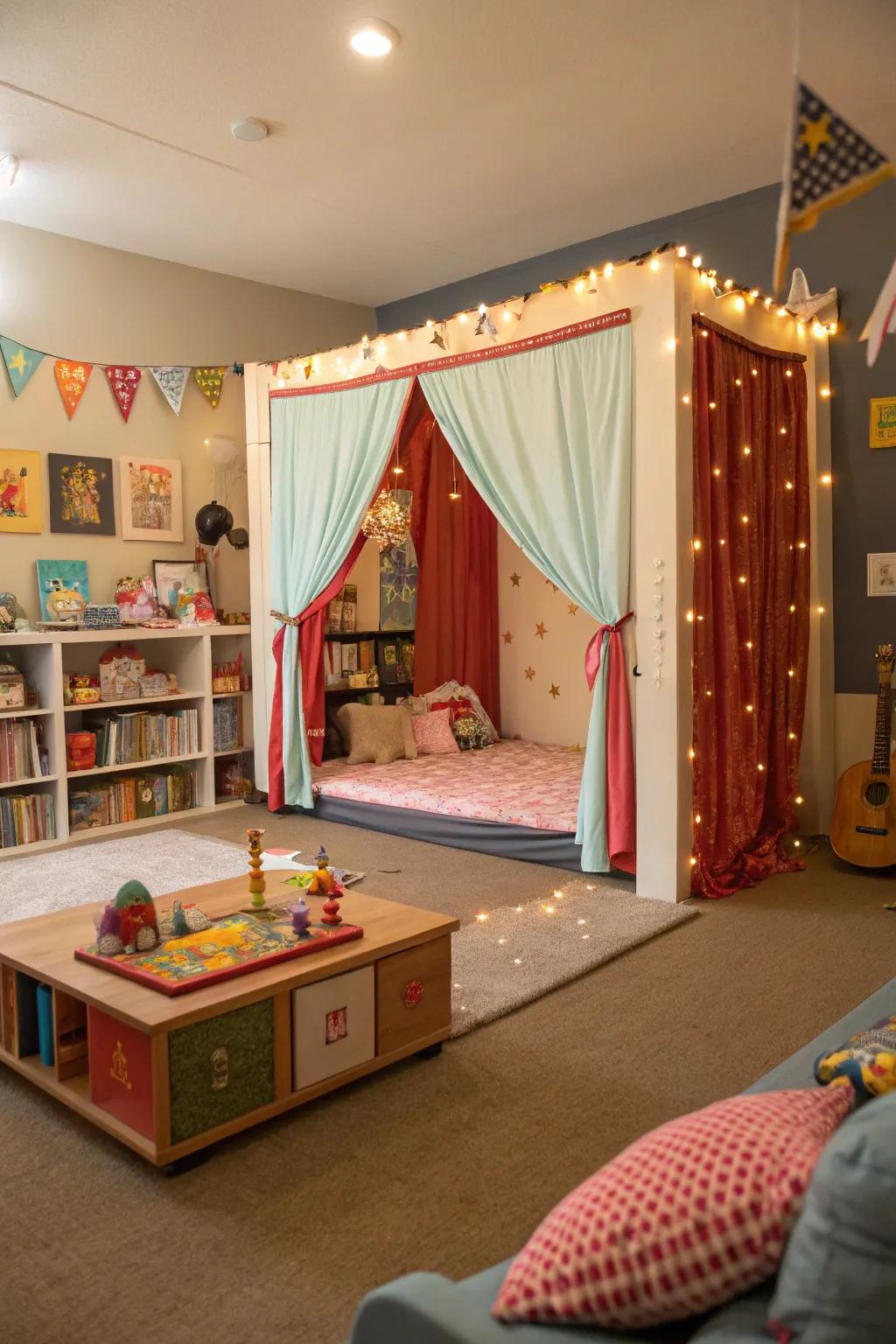 A stage area encourages creativity and performance.