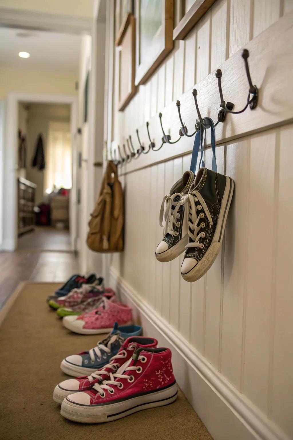 Hooks provide a simple solution for hanging shoes.
