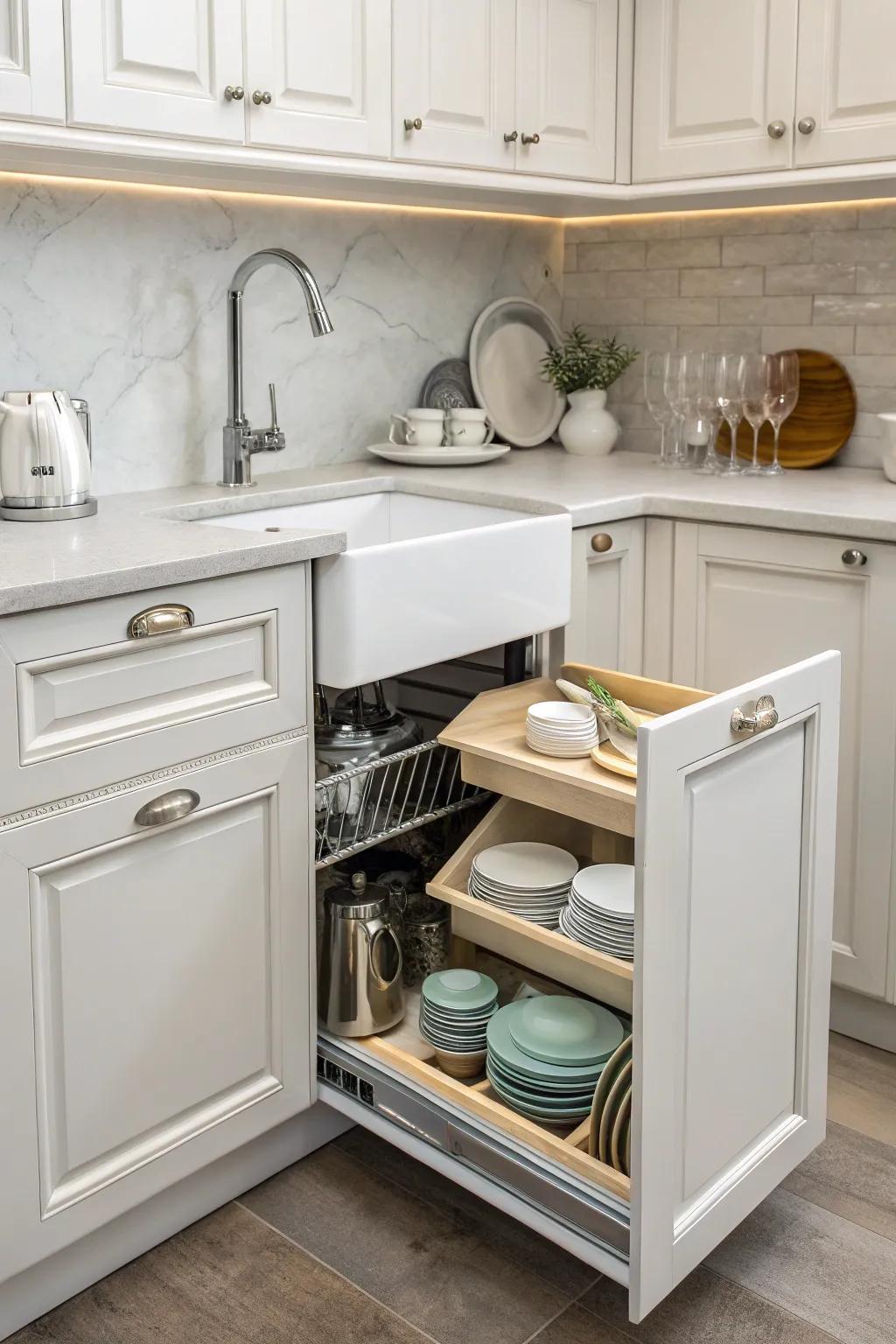 A corner sink maximizes workspace and provides great storage options.