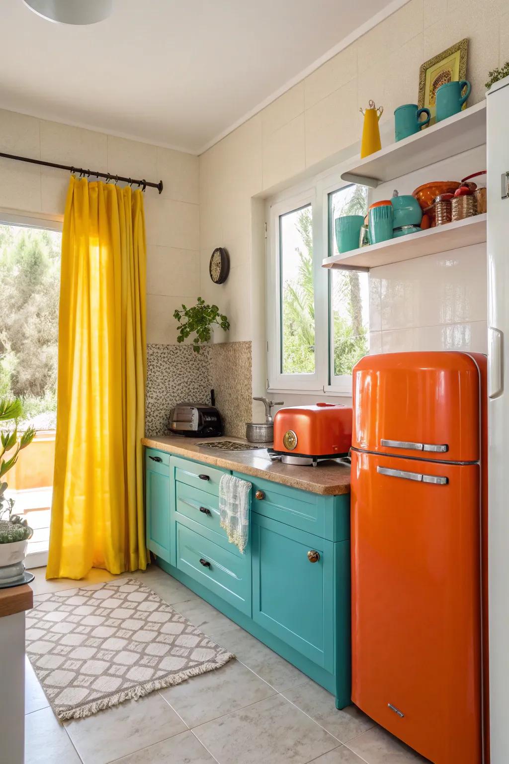 Unpredicted color pops adding energy to the cooking area.