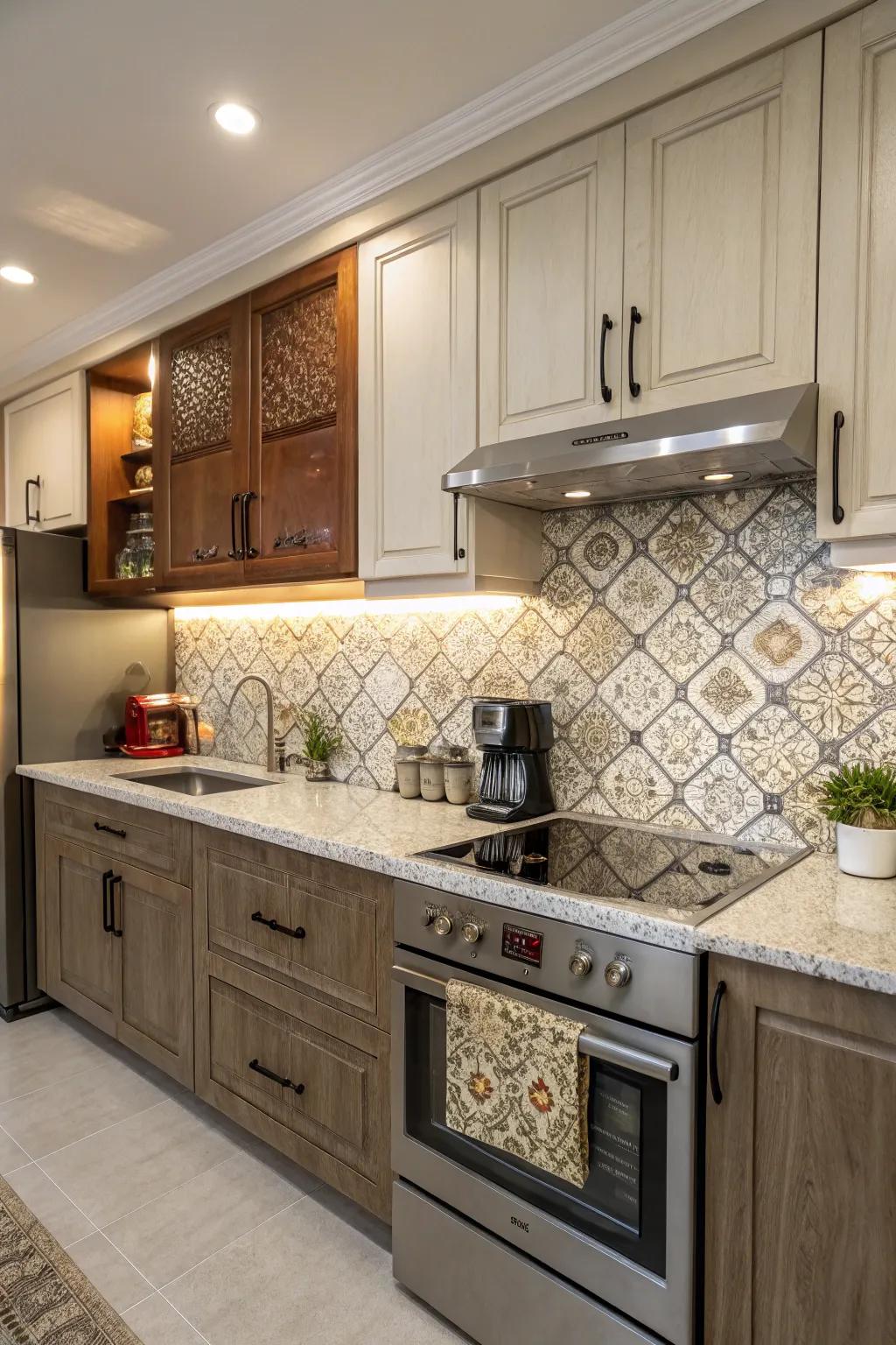 Unique textures in composite backsplash add understated character.