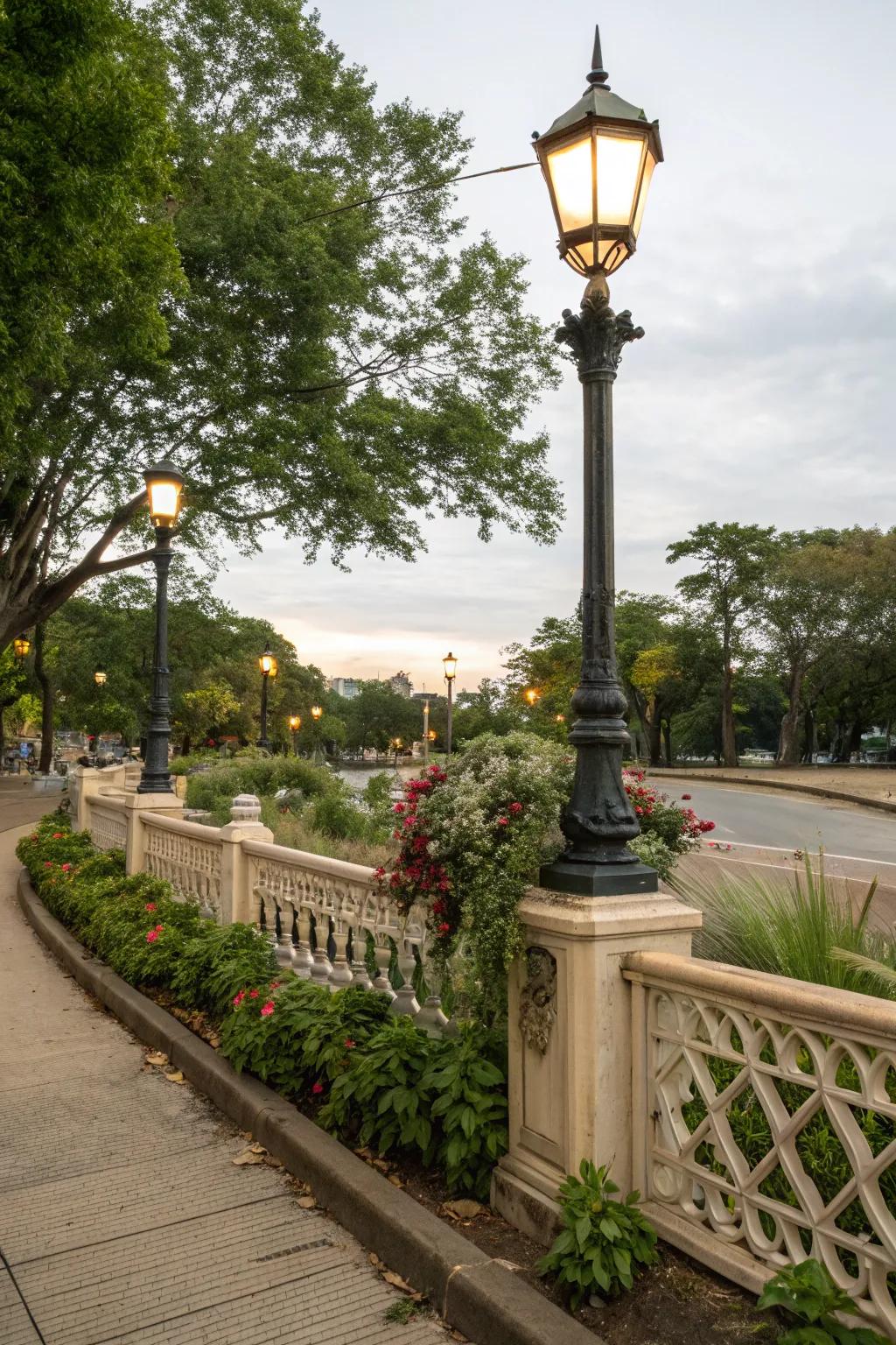 Ornamental dividing adding charm to a lamp post landscape.