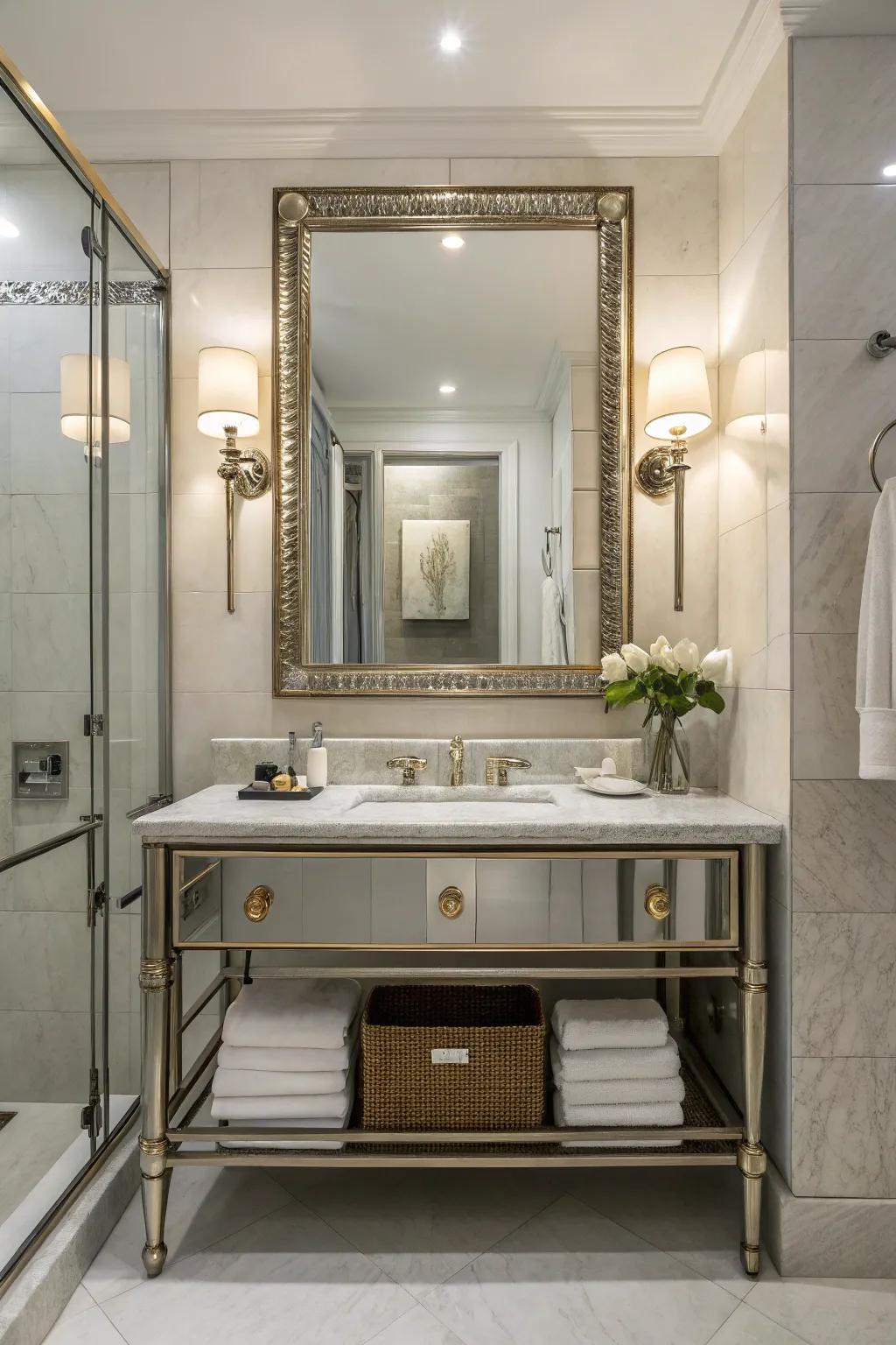 Shiny highlights introduce a chic, contemporary vibe to powder room mirrors.