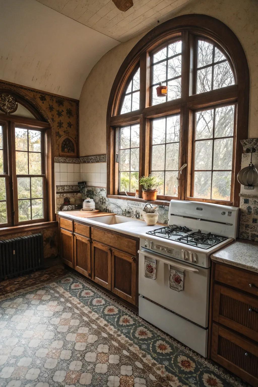 Timeless feel with arched windows.