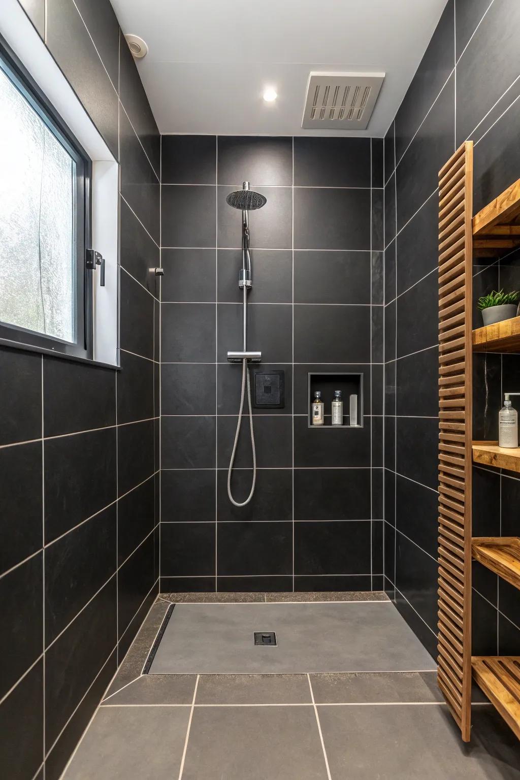 Audacious ebony coverings create a dramatic and sophisticated shower area.