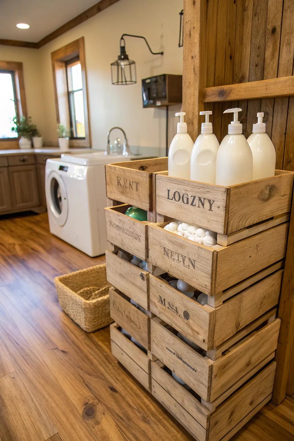 Wooden crates lend a rustic charm to your laundry storage.