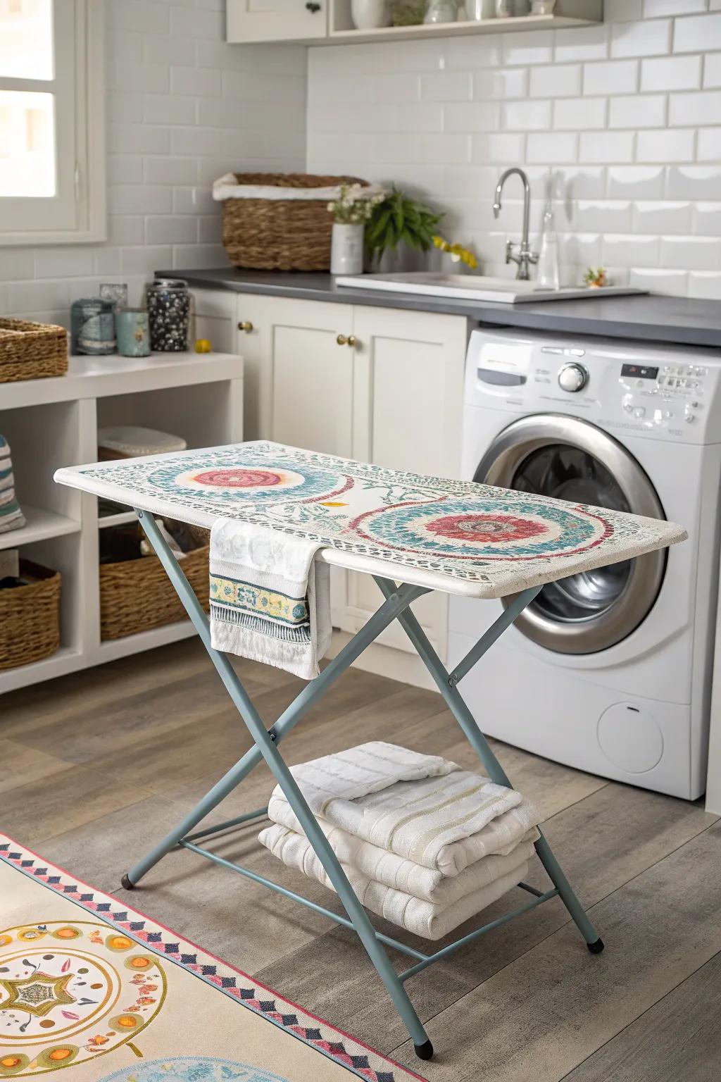 An artistic table adds a personal touch to the room.