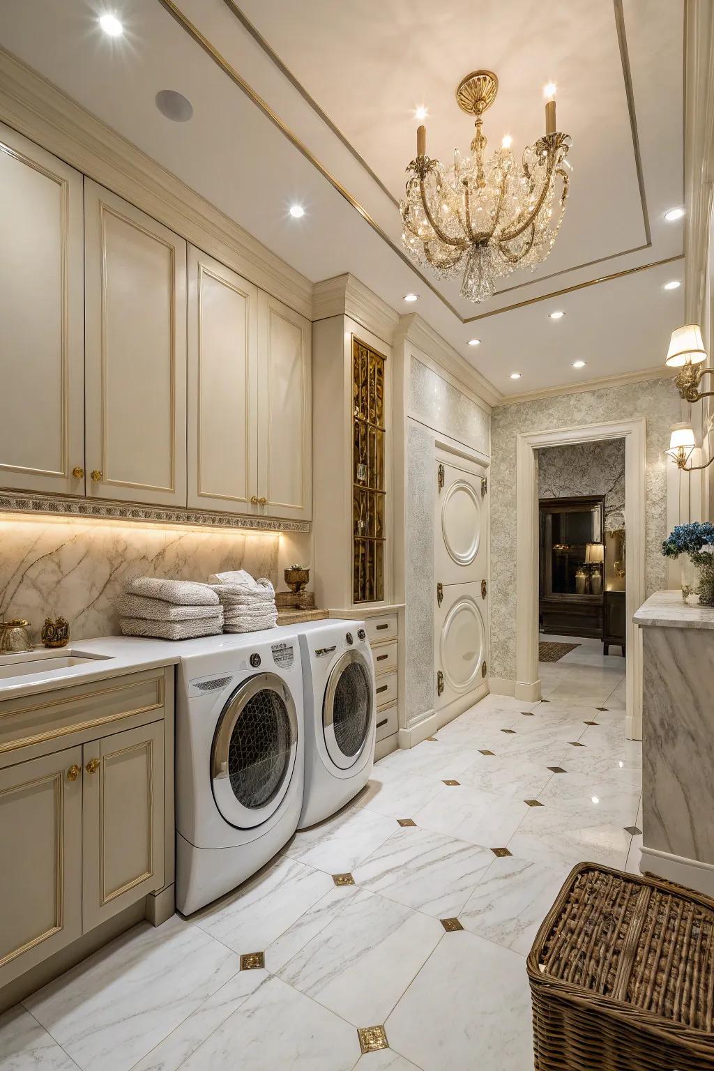 Marble tiles enhance the laundry area with sophistication.