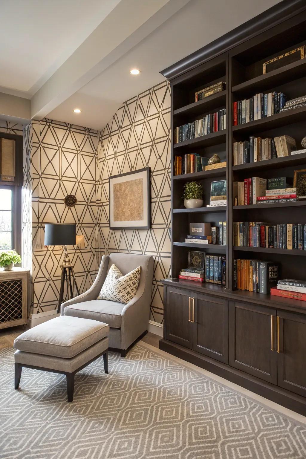 Geometric patterns that add a modern twist to the library's aesthetic.