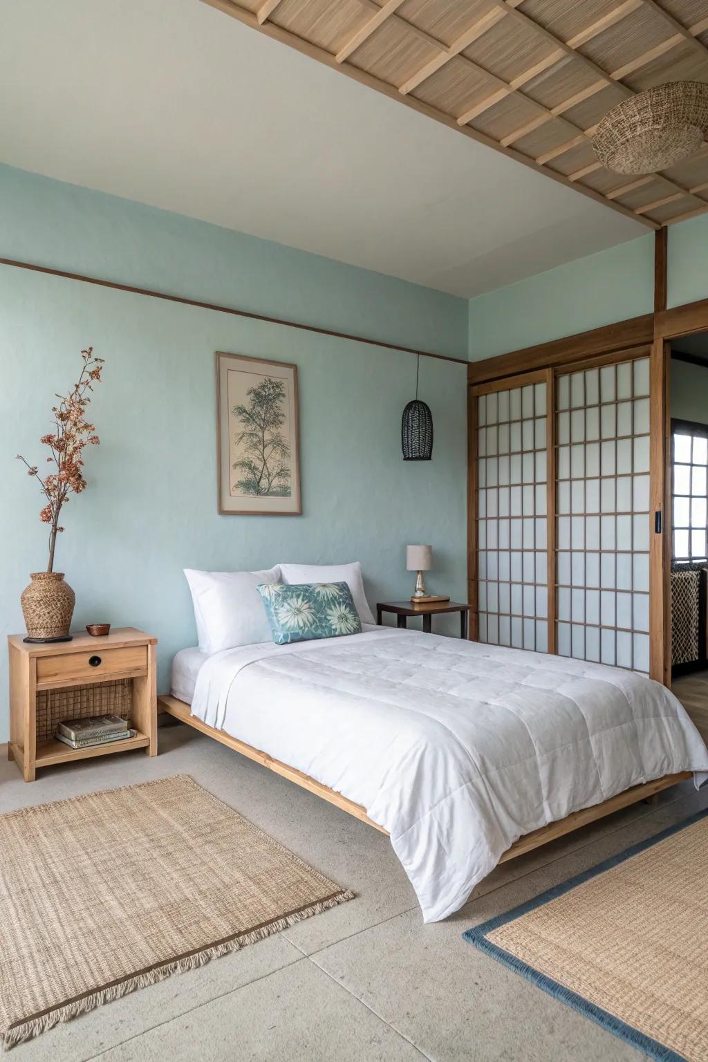 A Zen-inspired bedroom featuring light blue and minimalist decor for ultimate relaxation.