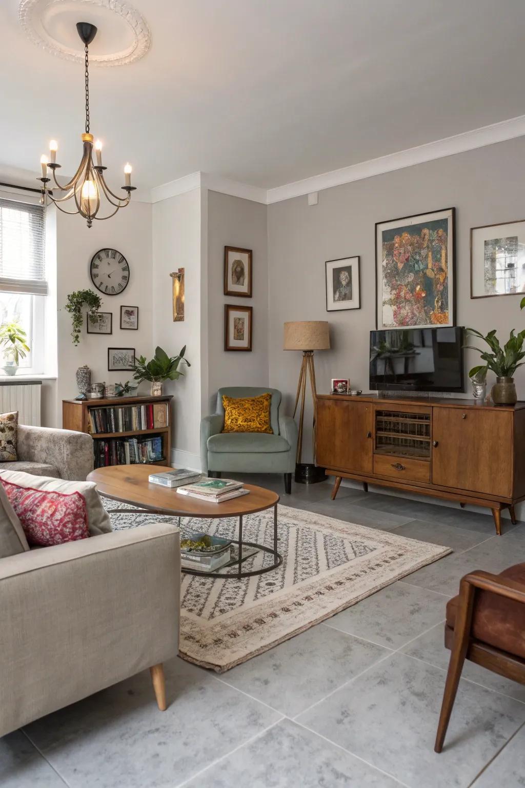 A unique eclectic living room with light grey flooring.
